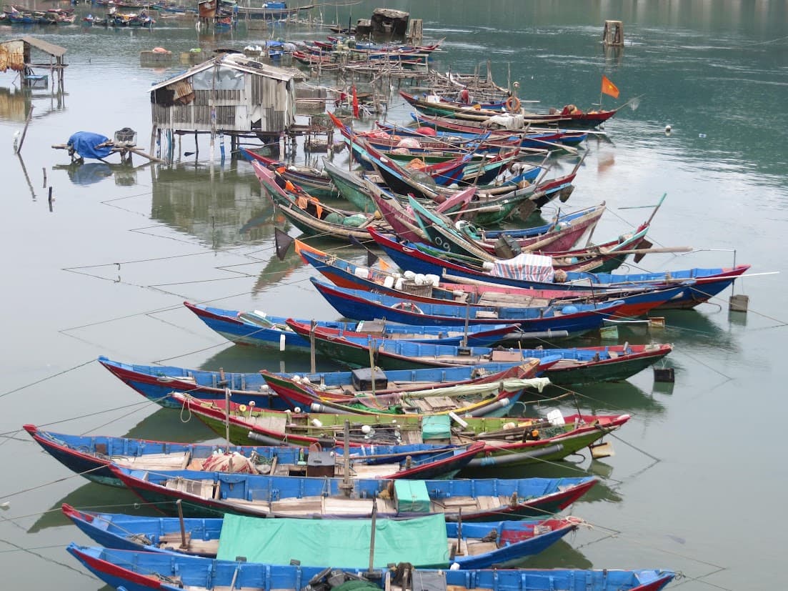 View of many long blue fishing boats lined up on the water in Vietnam