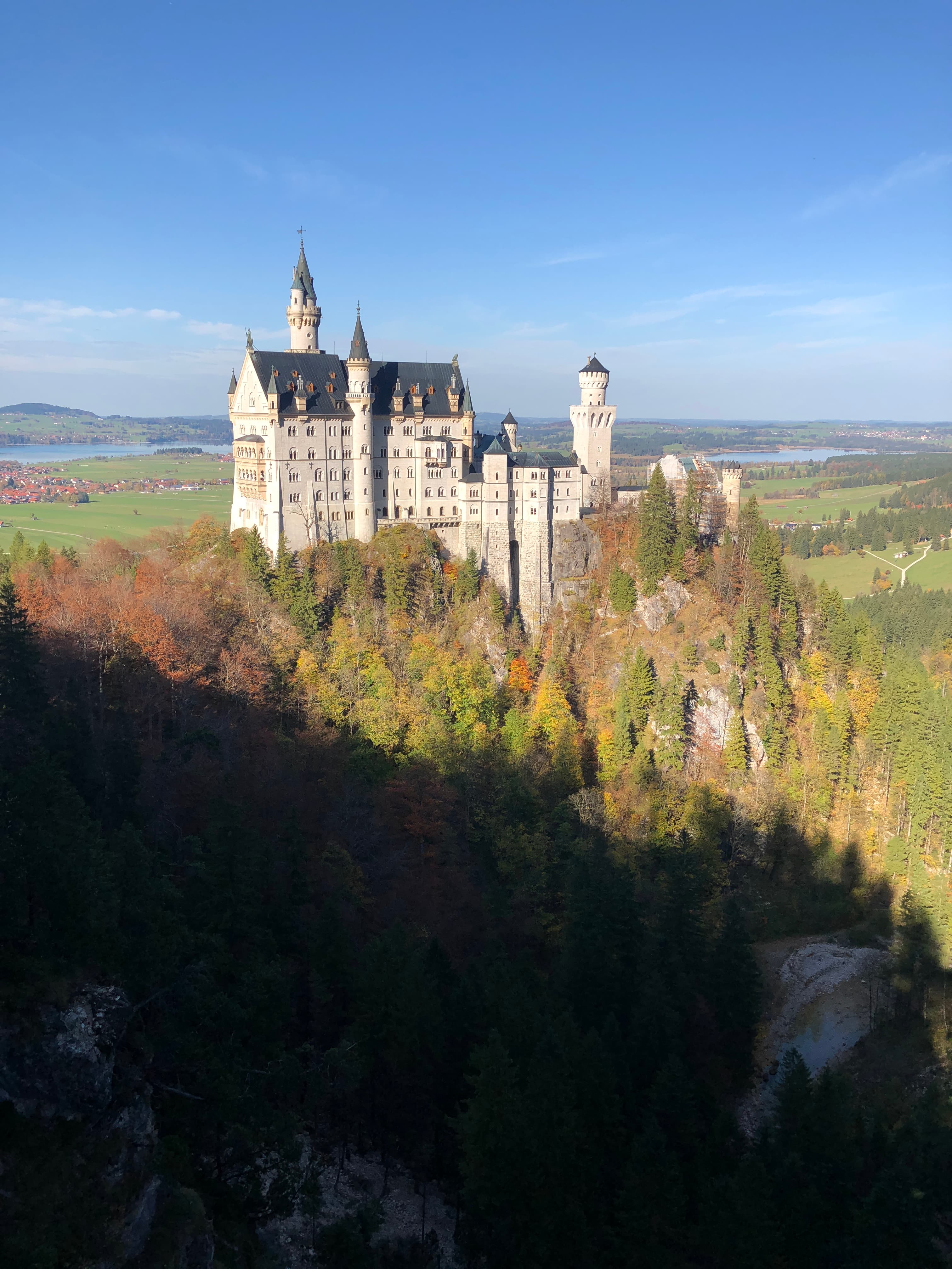 A view of a castle towering over trees beneath a blue sky.
