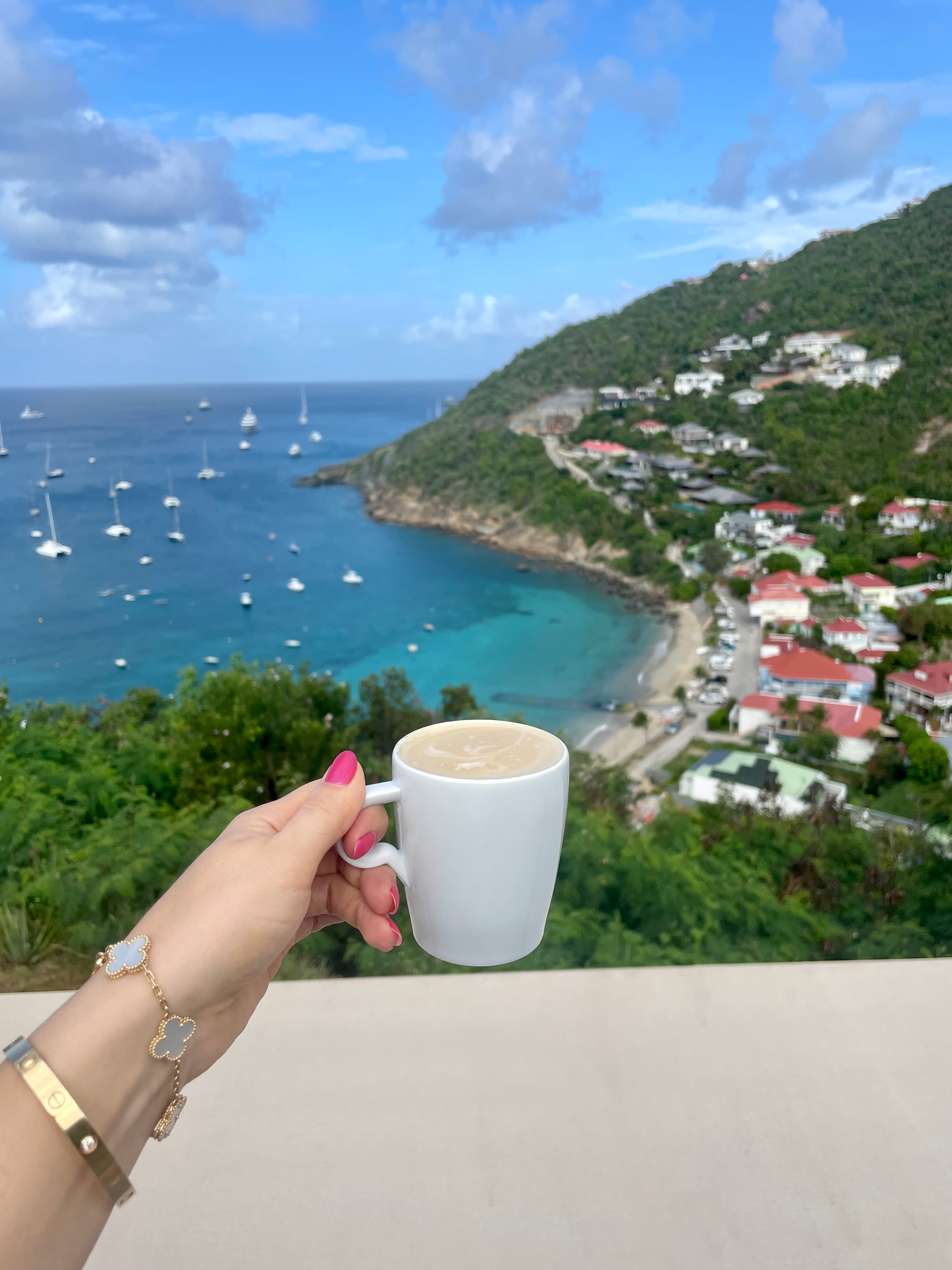 Advisor posing with a cup of coffee on a balcony with a seaside town in the distance on a sunny day.