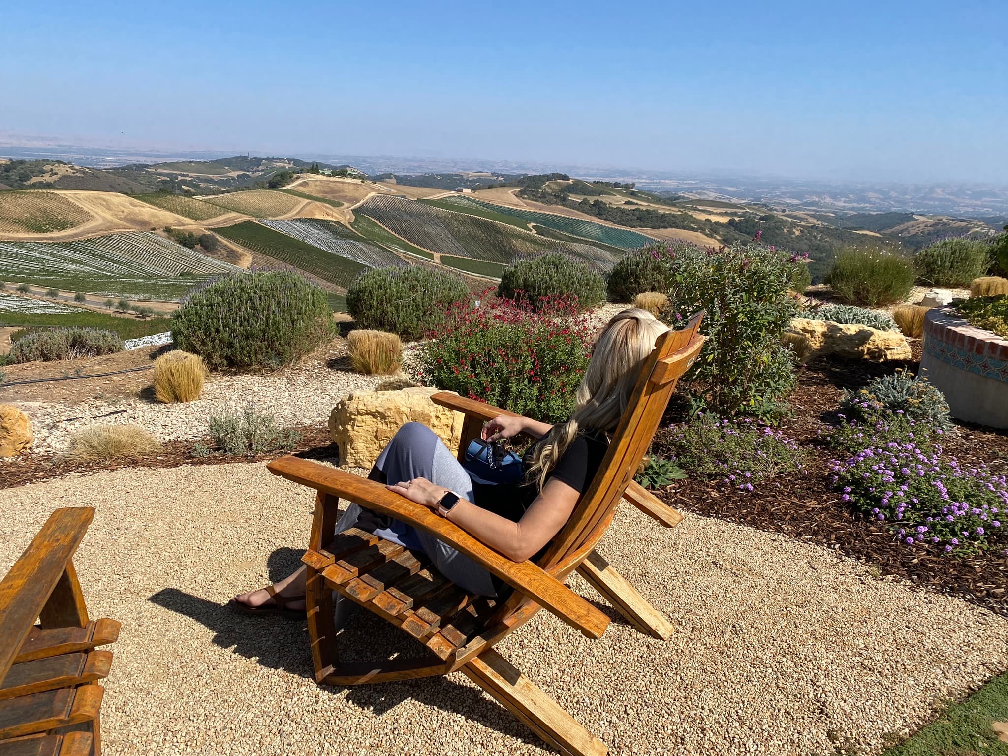 View of advisor sitting in a wooden chair while looking out over a beautiful valley on a sunny day