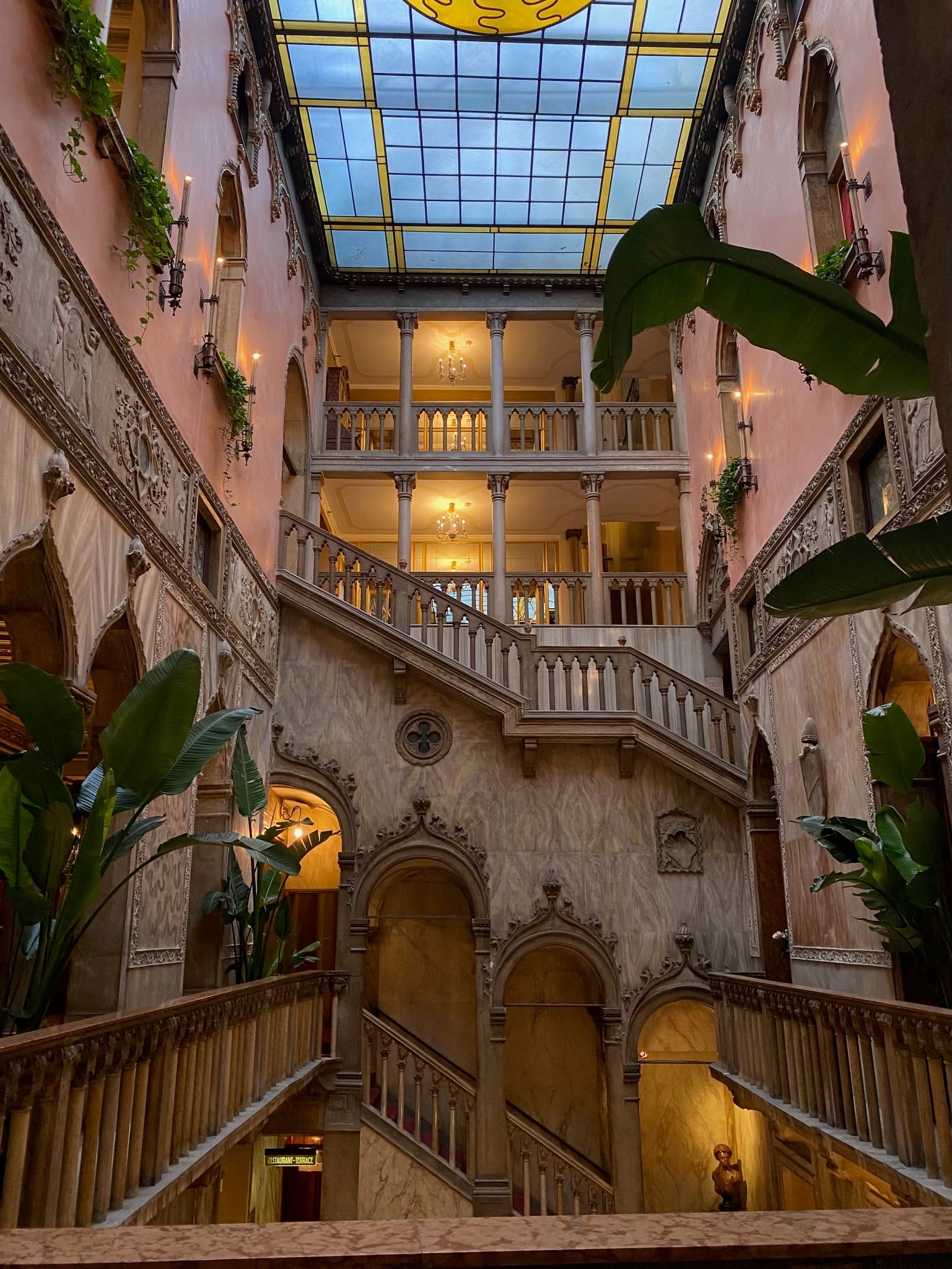 A view of the inside of a hotel.