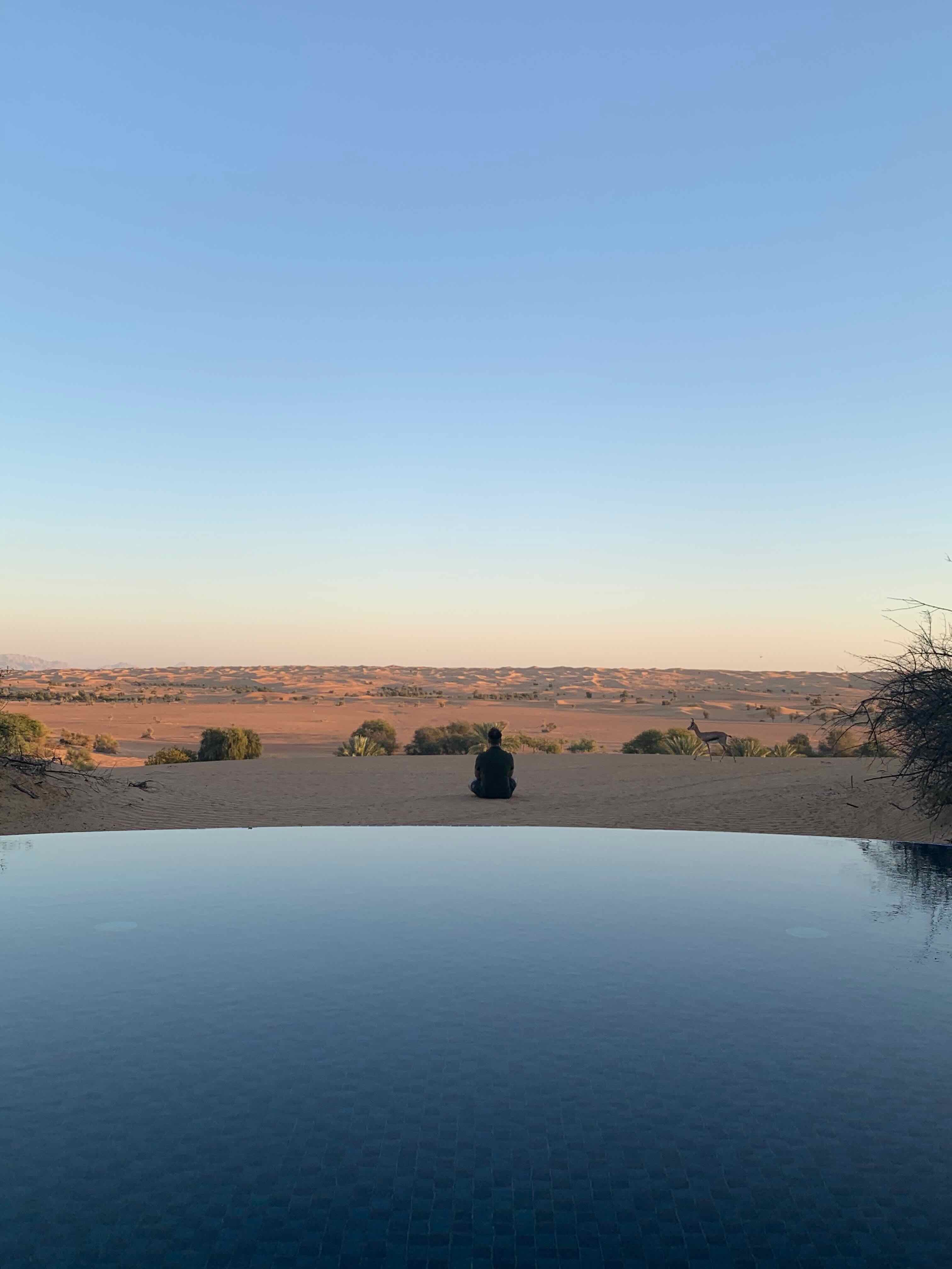 Beautiful view of a glassy infinity pool overlooking a flat landscape at sunset