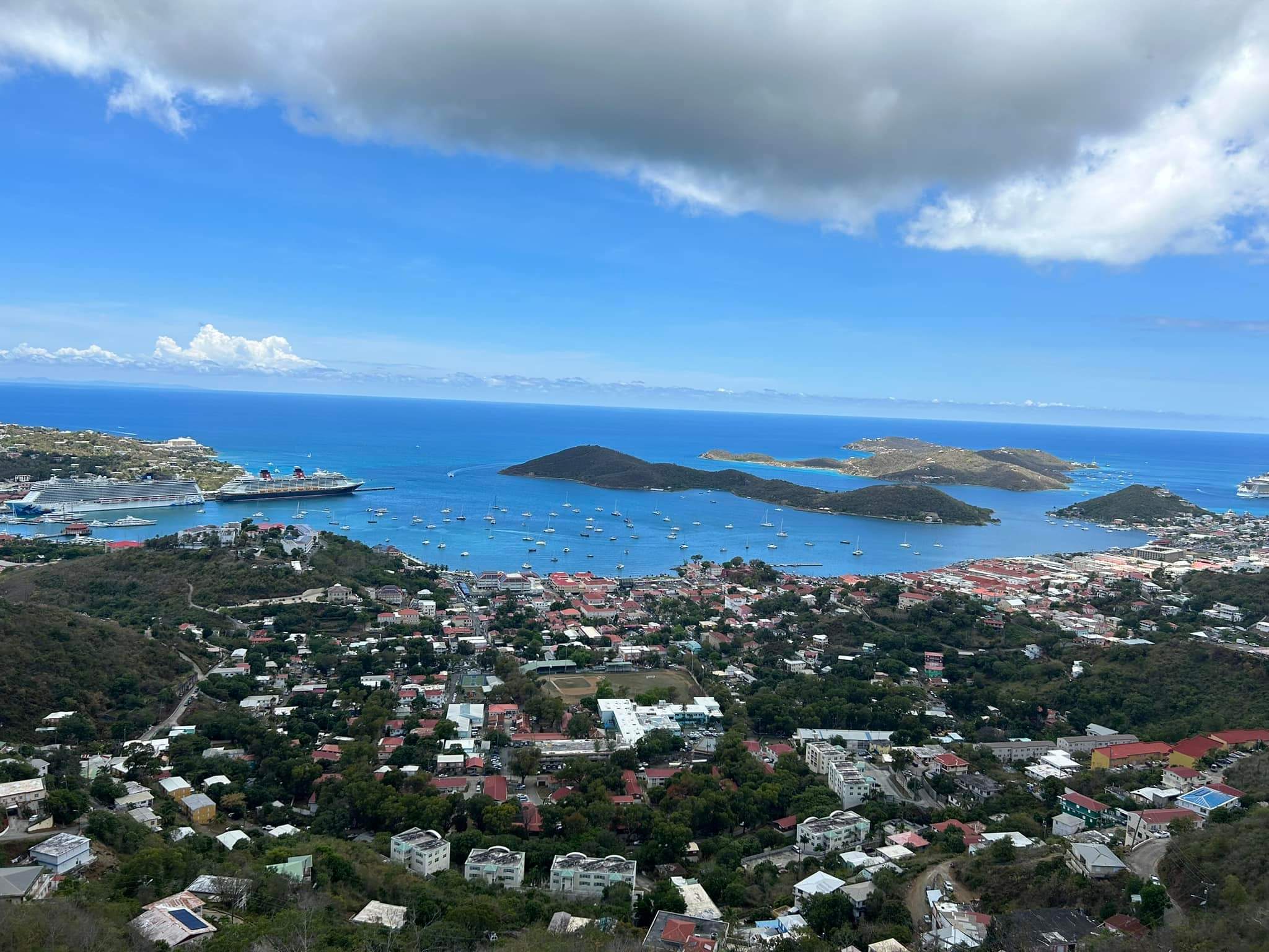 Aerial view of a small coastal town on a sunny day