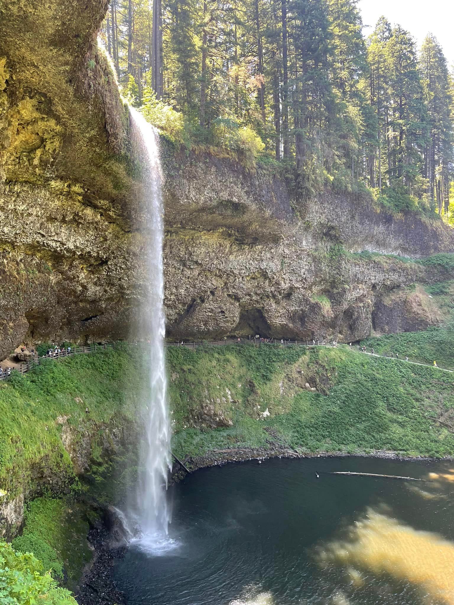 A view of a waterfall cascading into a pool of water amidst a rocky cliff.