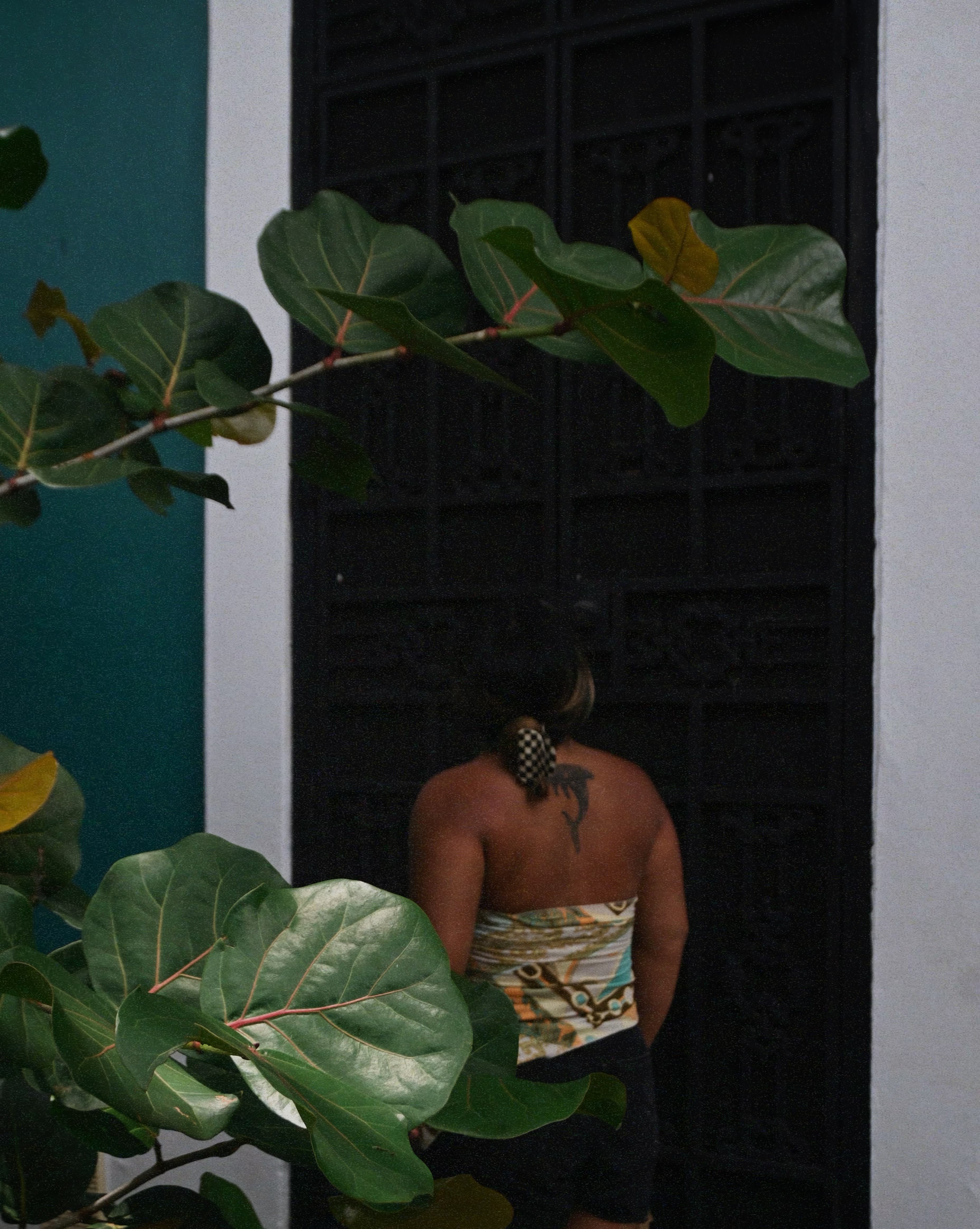 A woman is positioned in front of a door.