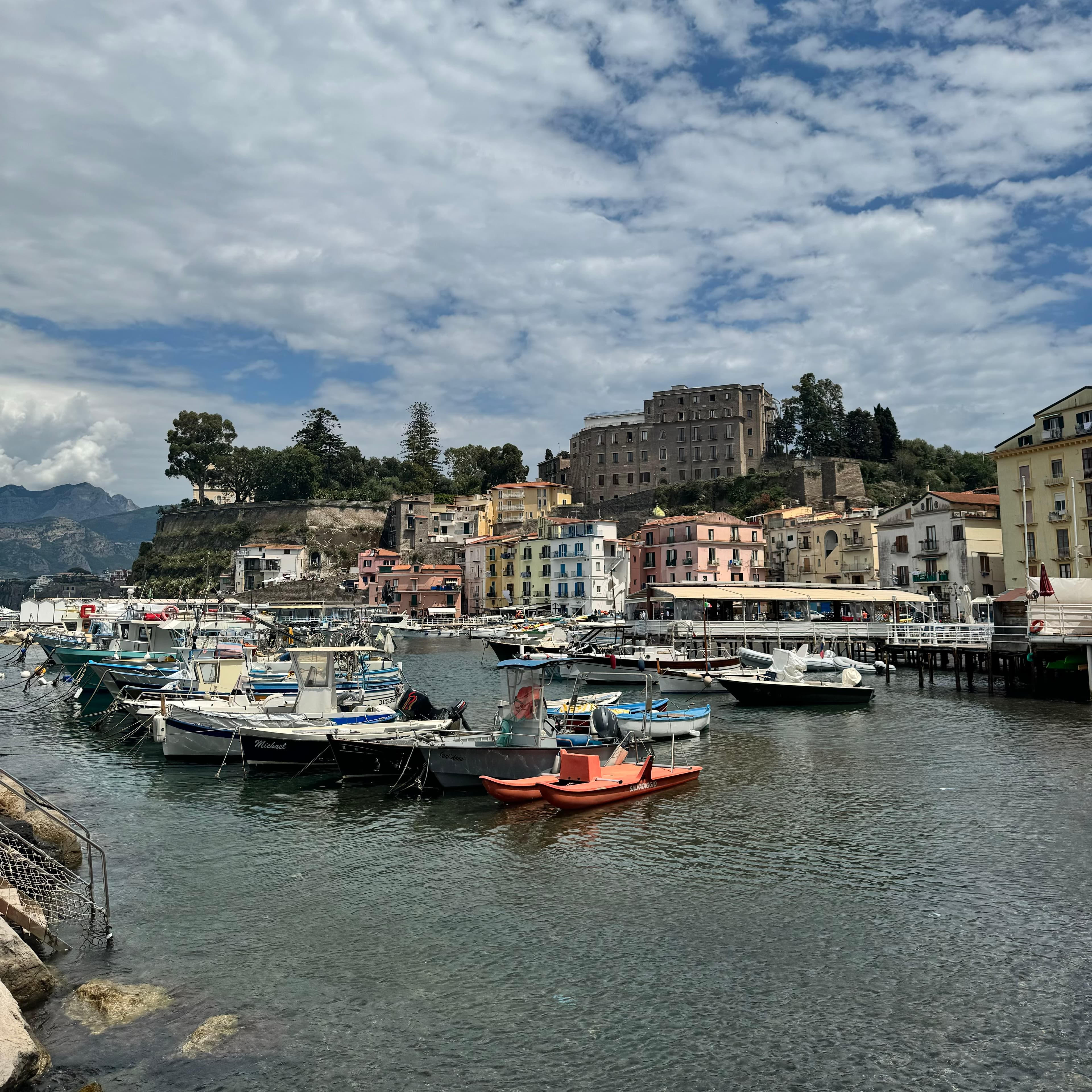 View of several small boats in a marina besides a small coastal town with colorful buildings