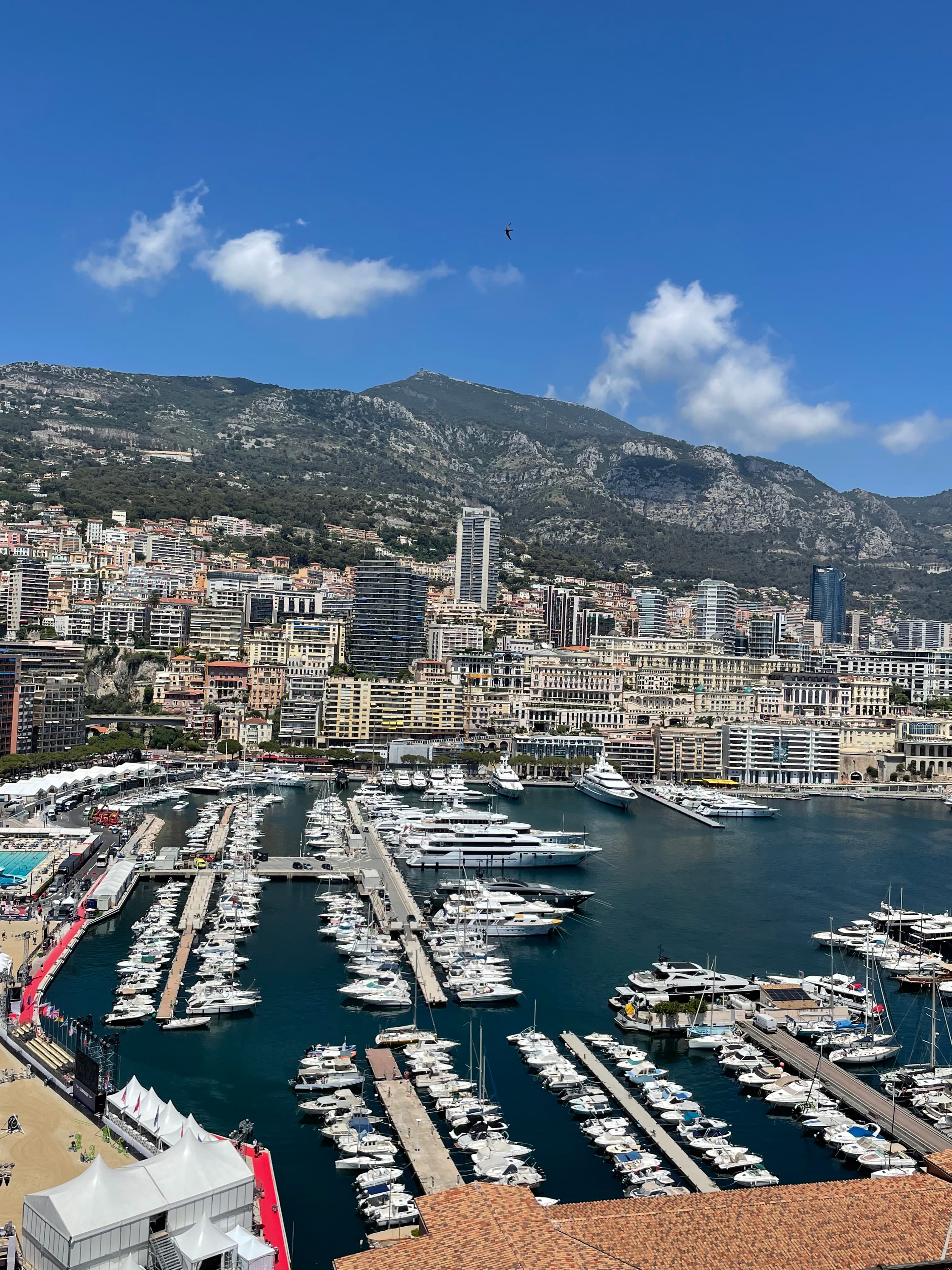 An aerial view of a city and it's coastline with a port filled with docked boats and a mountain in the distance on a sunny day.