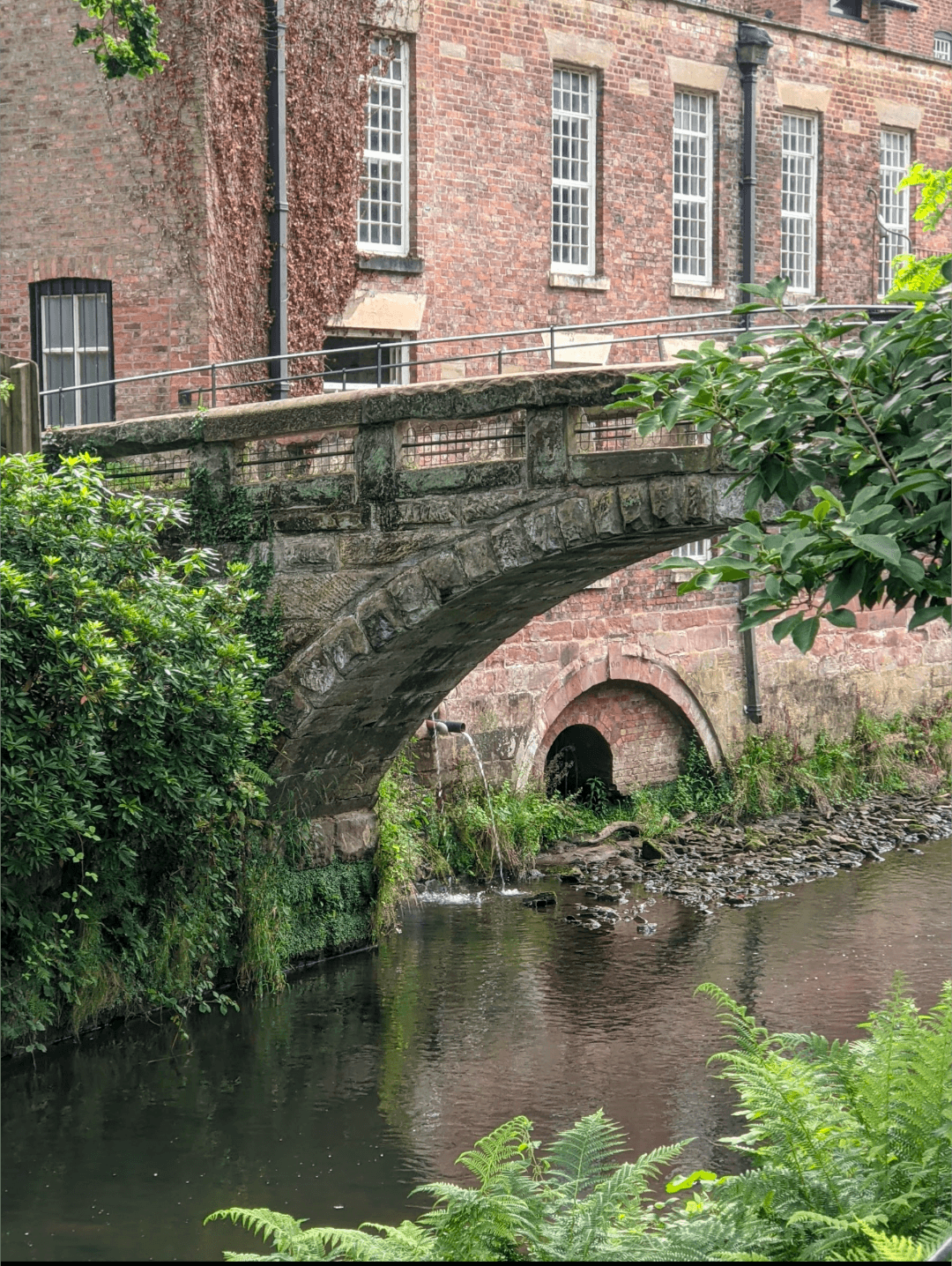 A mossy bridge with a brick building in the background during the daytime.