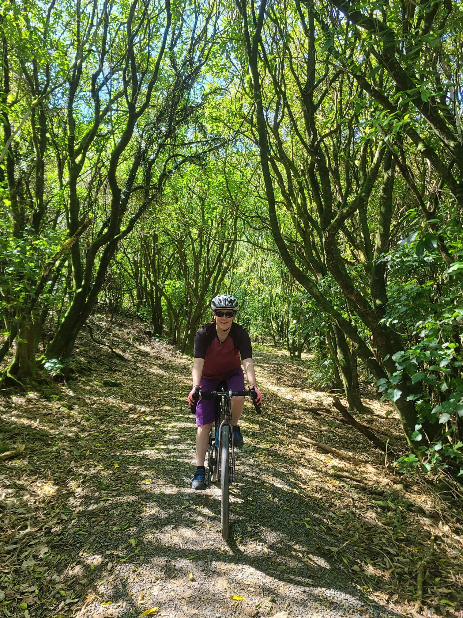 Advisor posing on a bike on a trail covered by tall leaning trees on a sunny day.