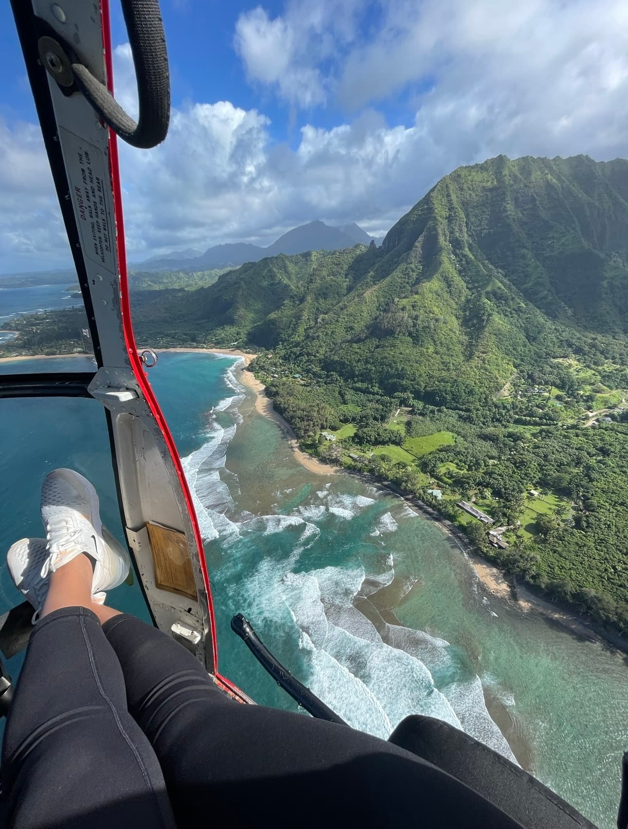 View from a helicopter of a beautiful coastline with lush green mountains