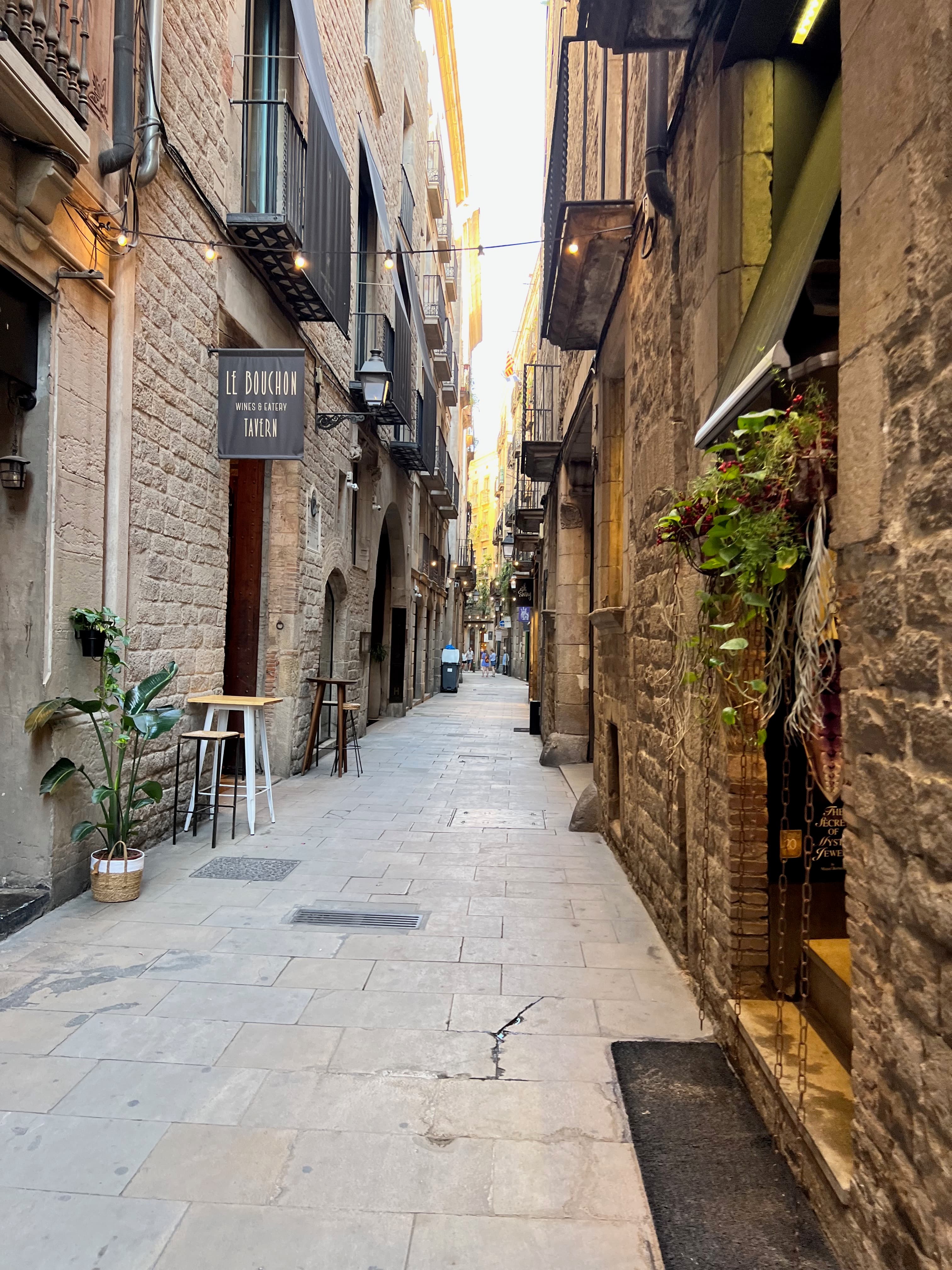 View of an empty narrow alleyway in between old brick buildings