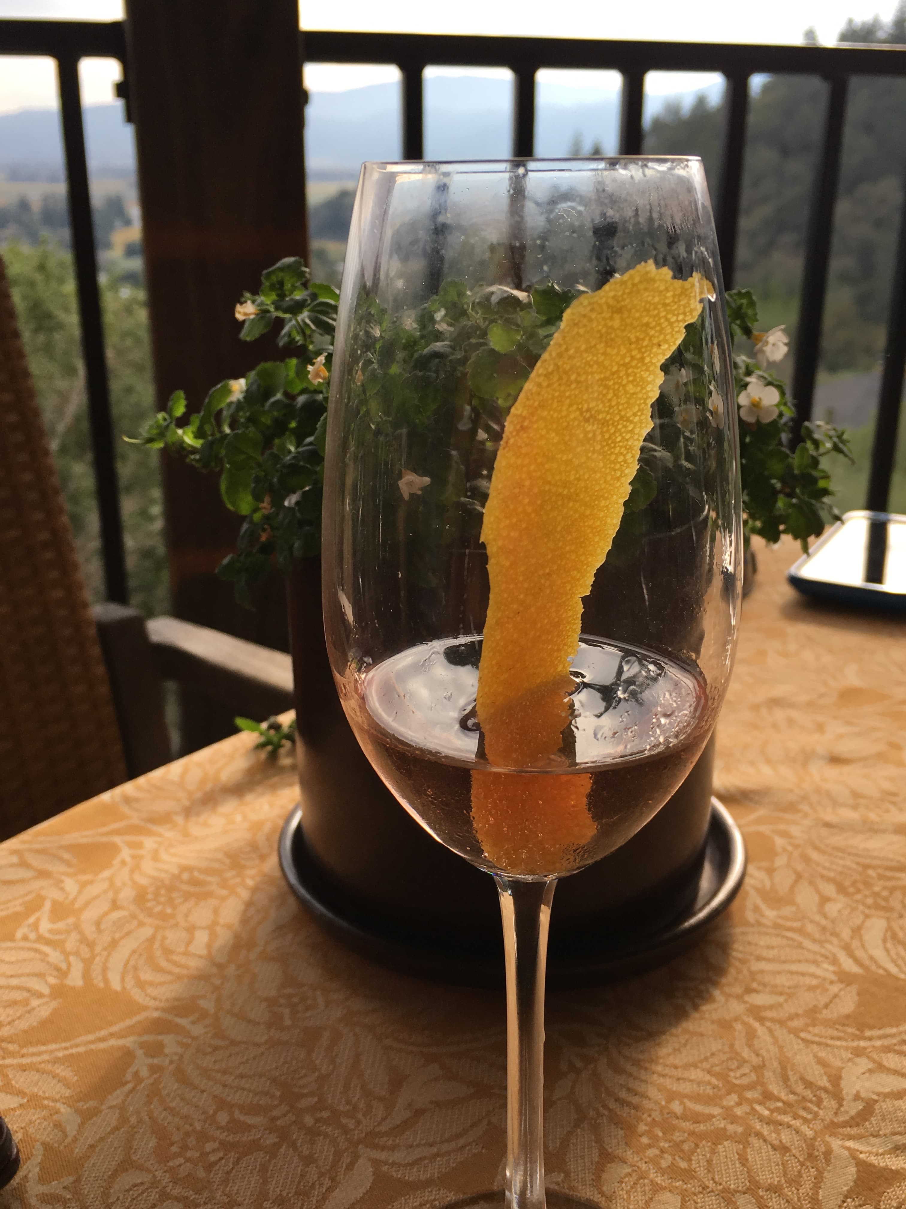 View of an orange rind in a glass of wine on an outdoor table during the day