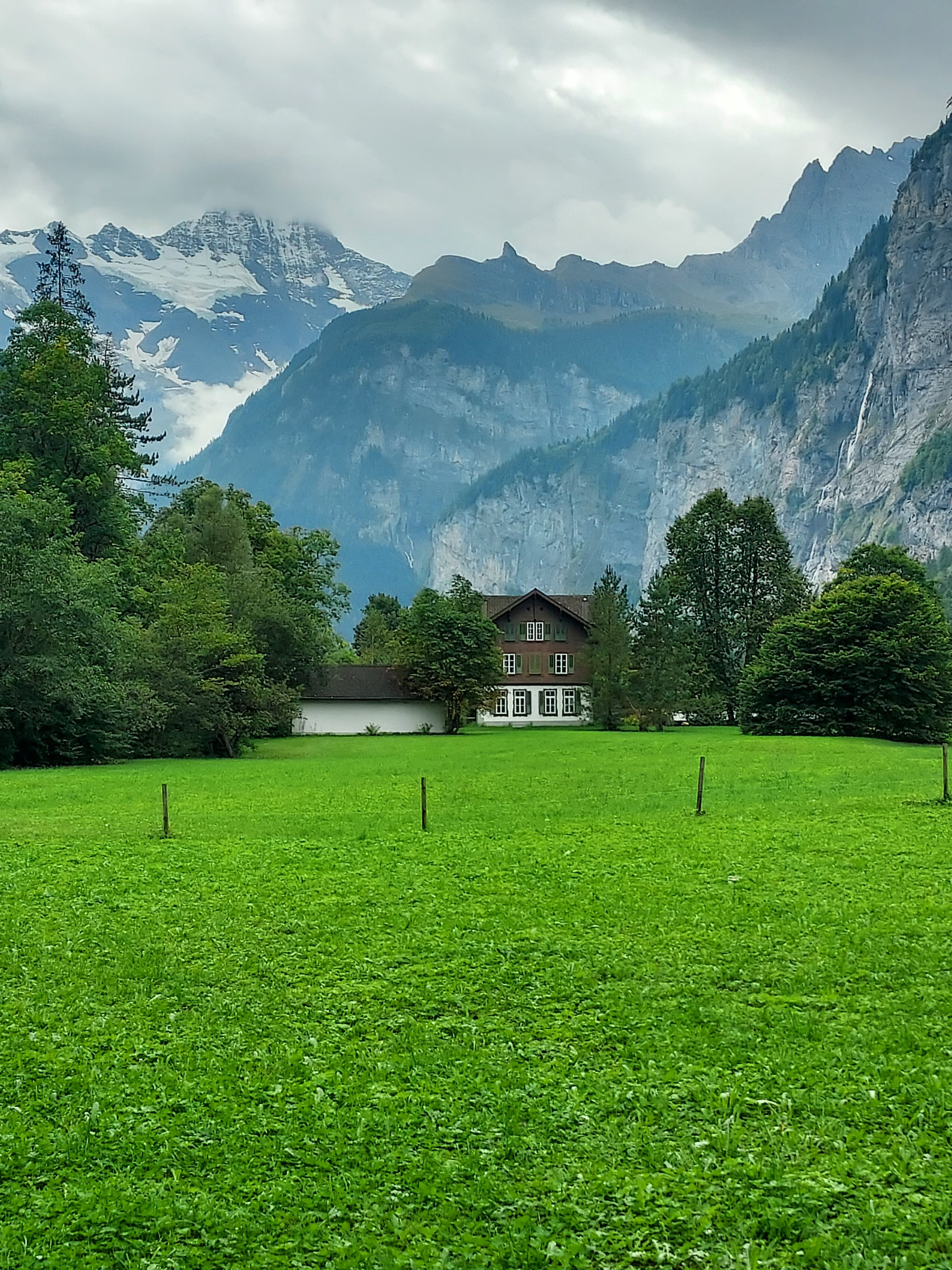 View of a grassy lawn and foggy mountains in the distance on a cloudy day