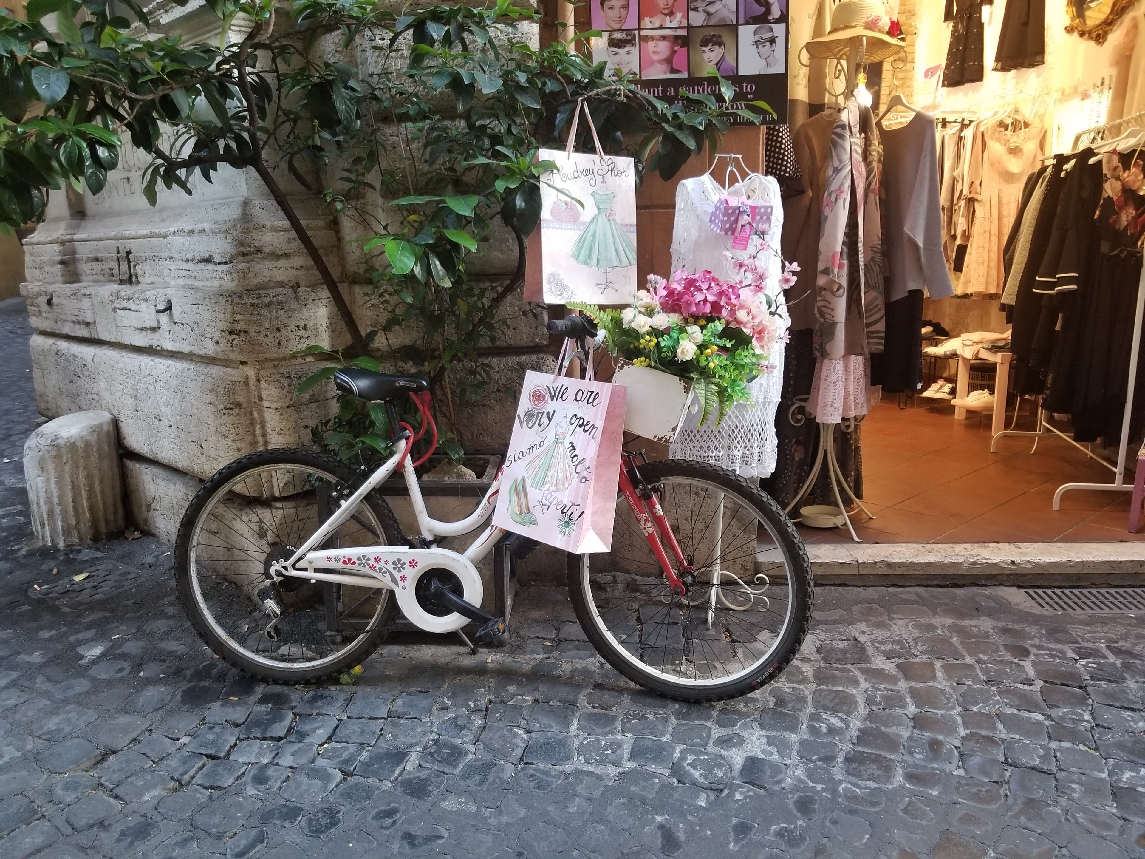 View of a bicycle with pink flowers in the front basket in front of a clothing store