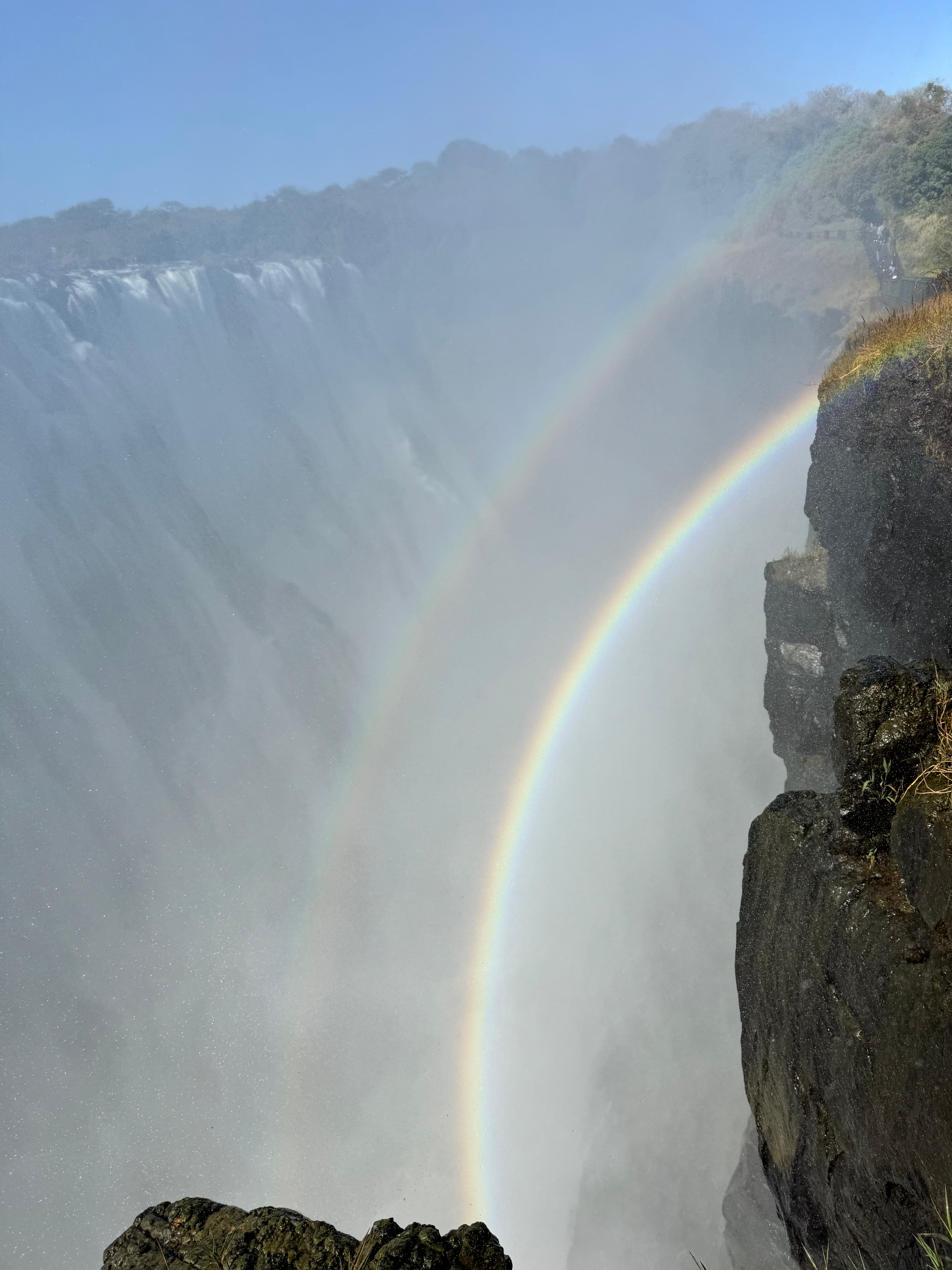 View of a beautiful rainbow formed by the mist of a waterfall