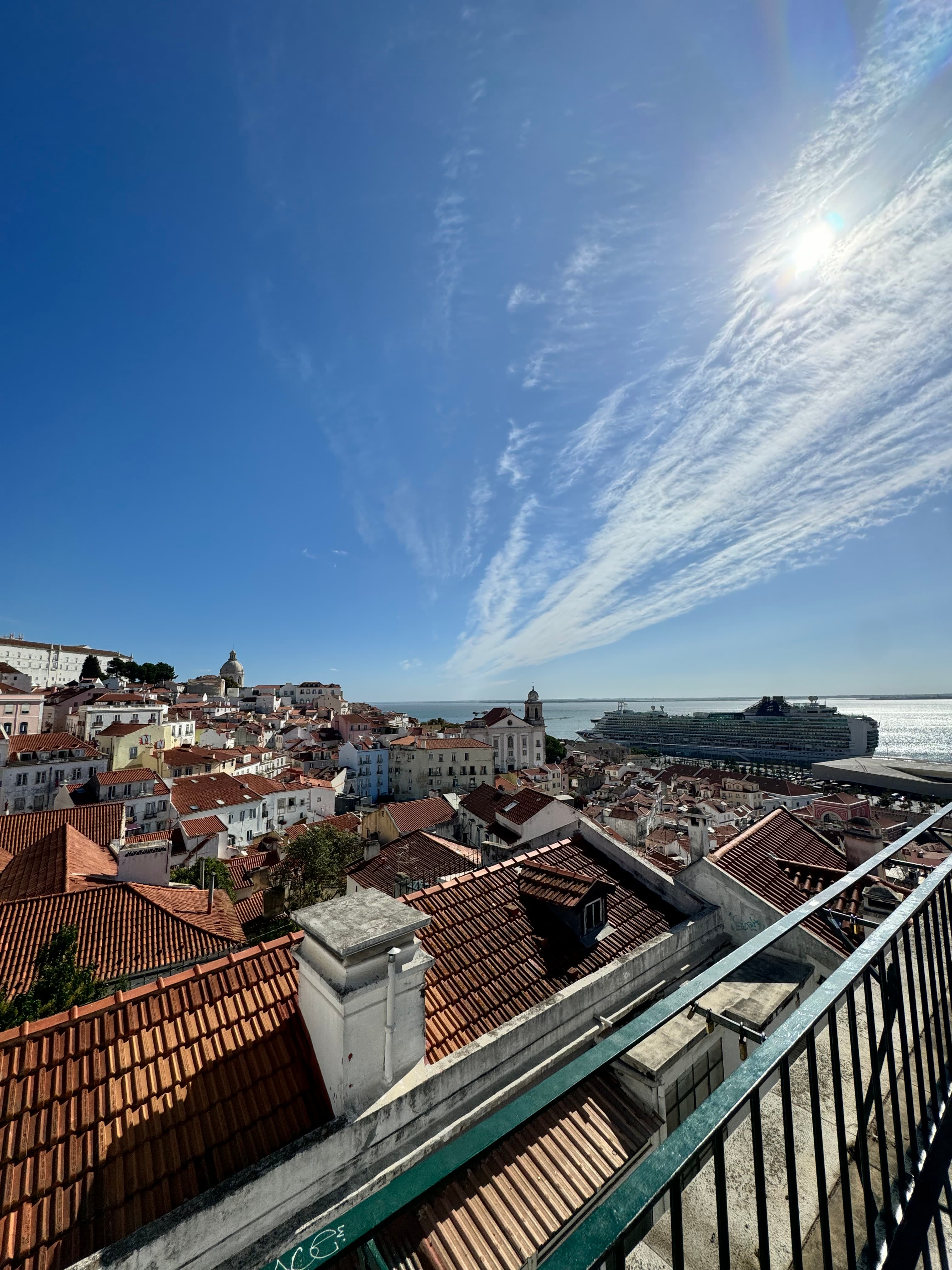 View of tiled rooftops in a town stretching to sea on a sunny day