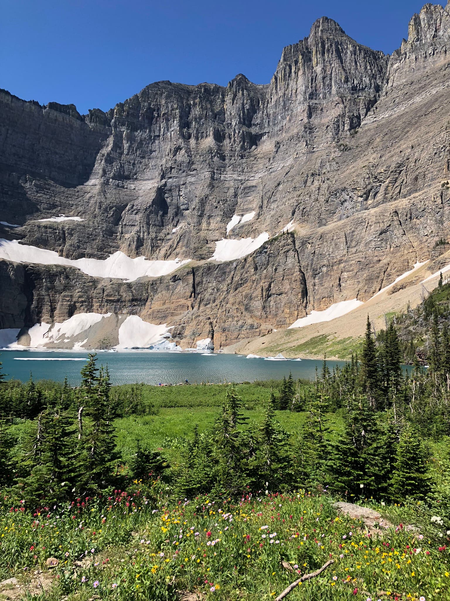 View of dramatic mountains towering over a lake and nearby trees on a clear day