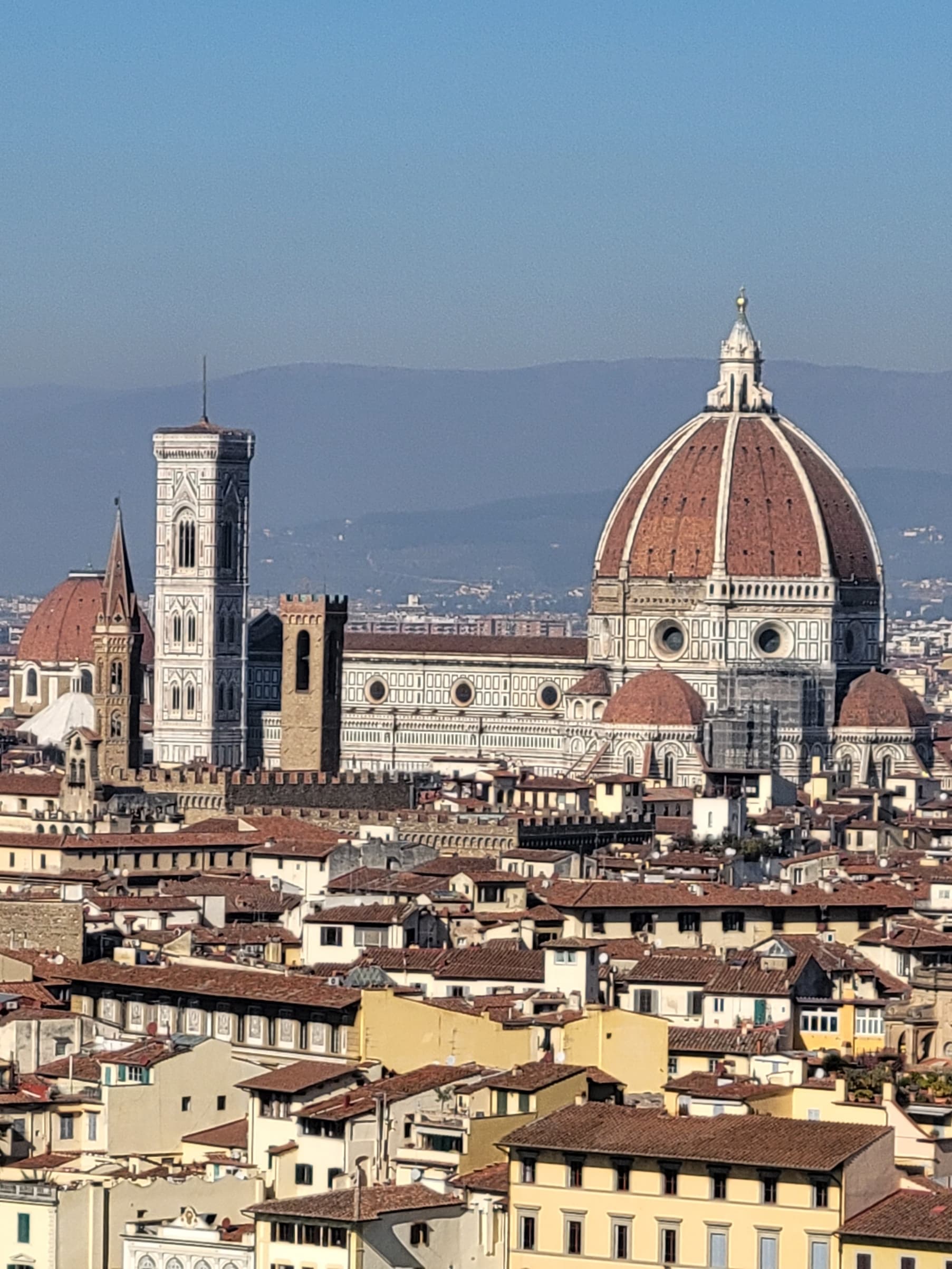 A view of the a classic city during the day time with a clear sky in the distance.