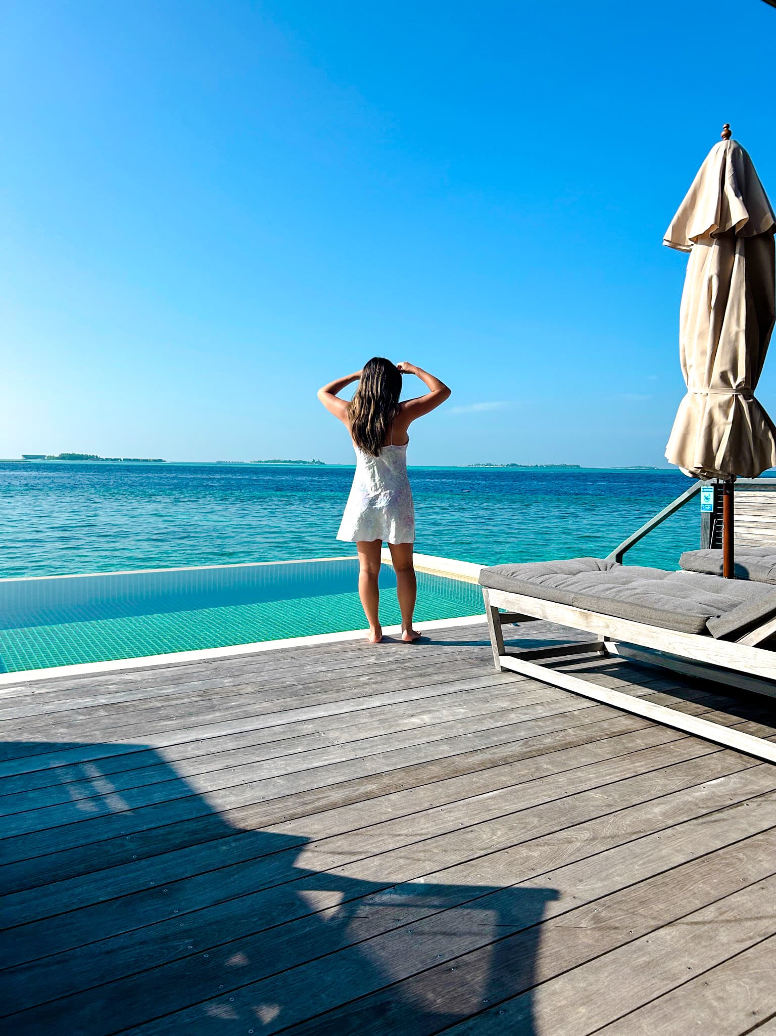 Looking out to a blue ocean and sky.