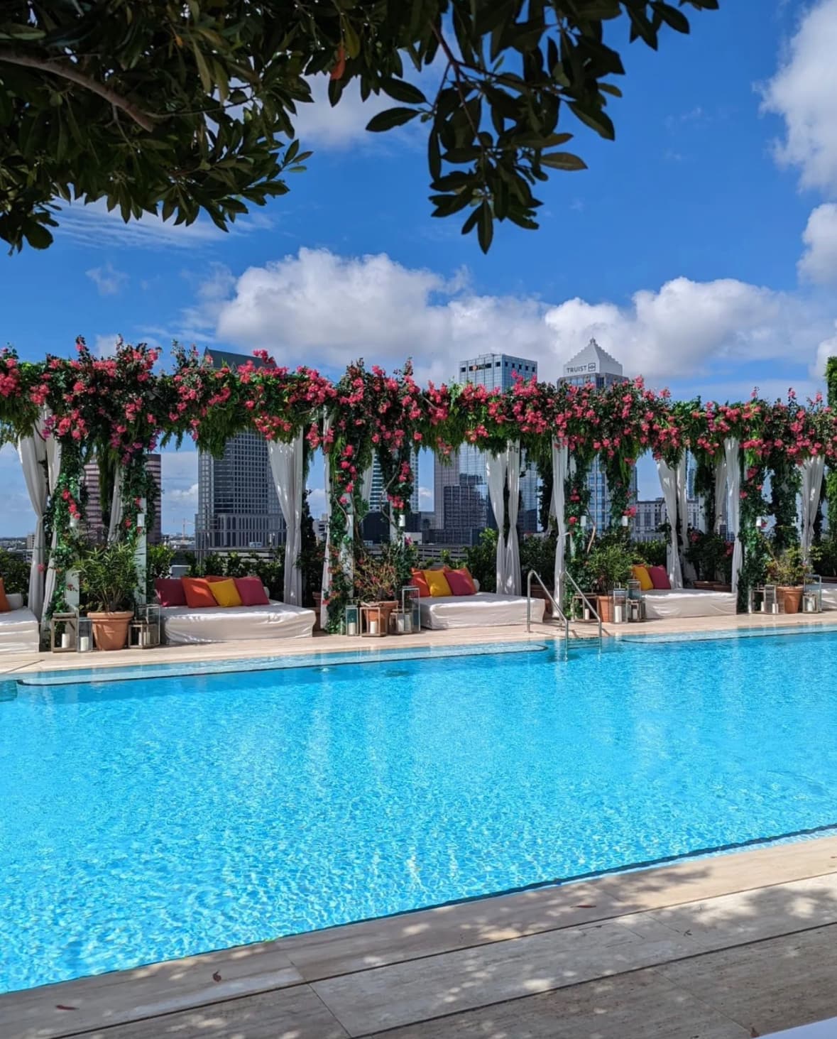 A view of a hotel pool during the daytime with foliage in the distance on a sunny day.