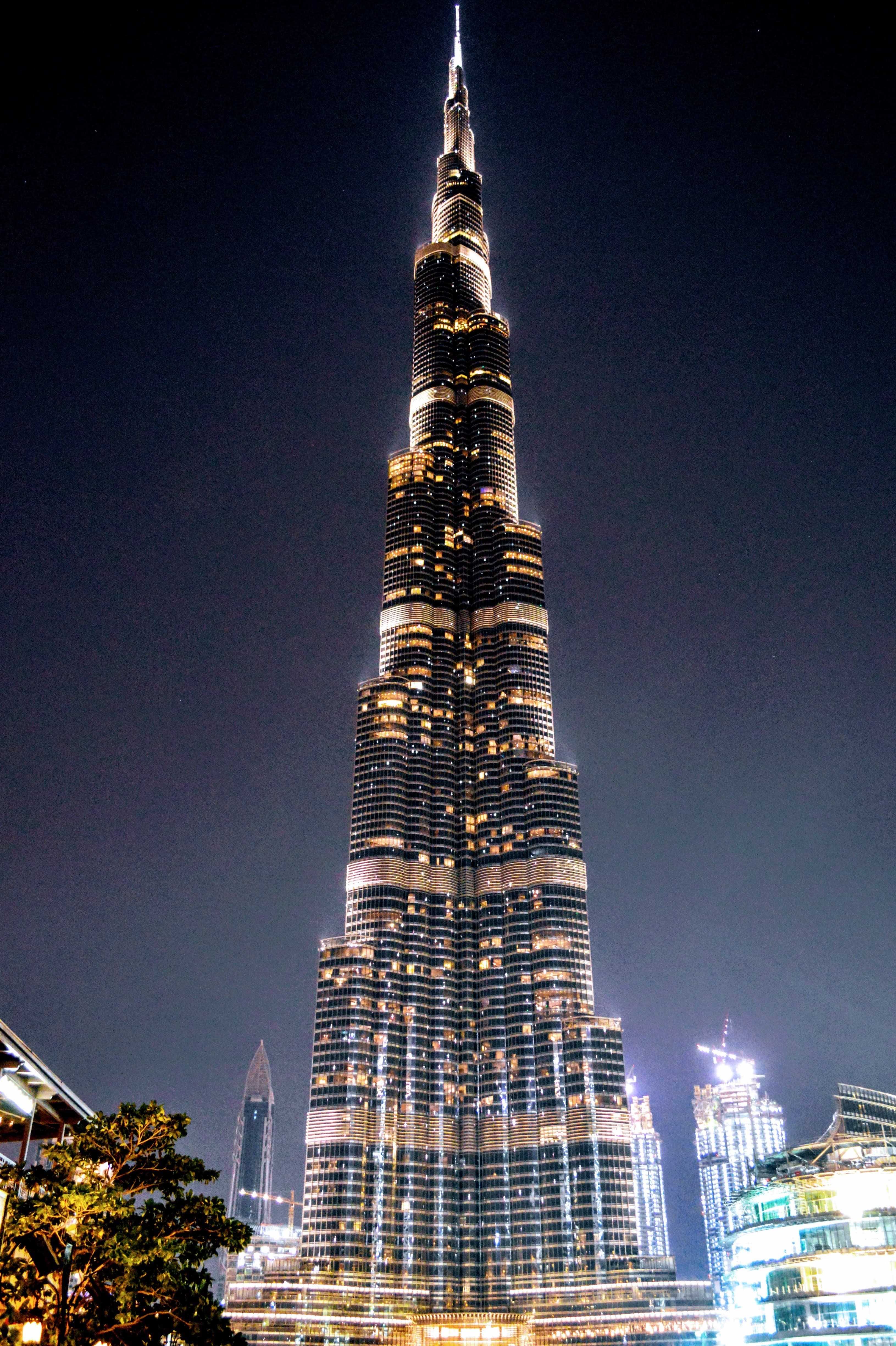 View of a very tall skyscraper lit up at night