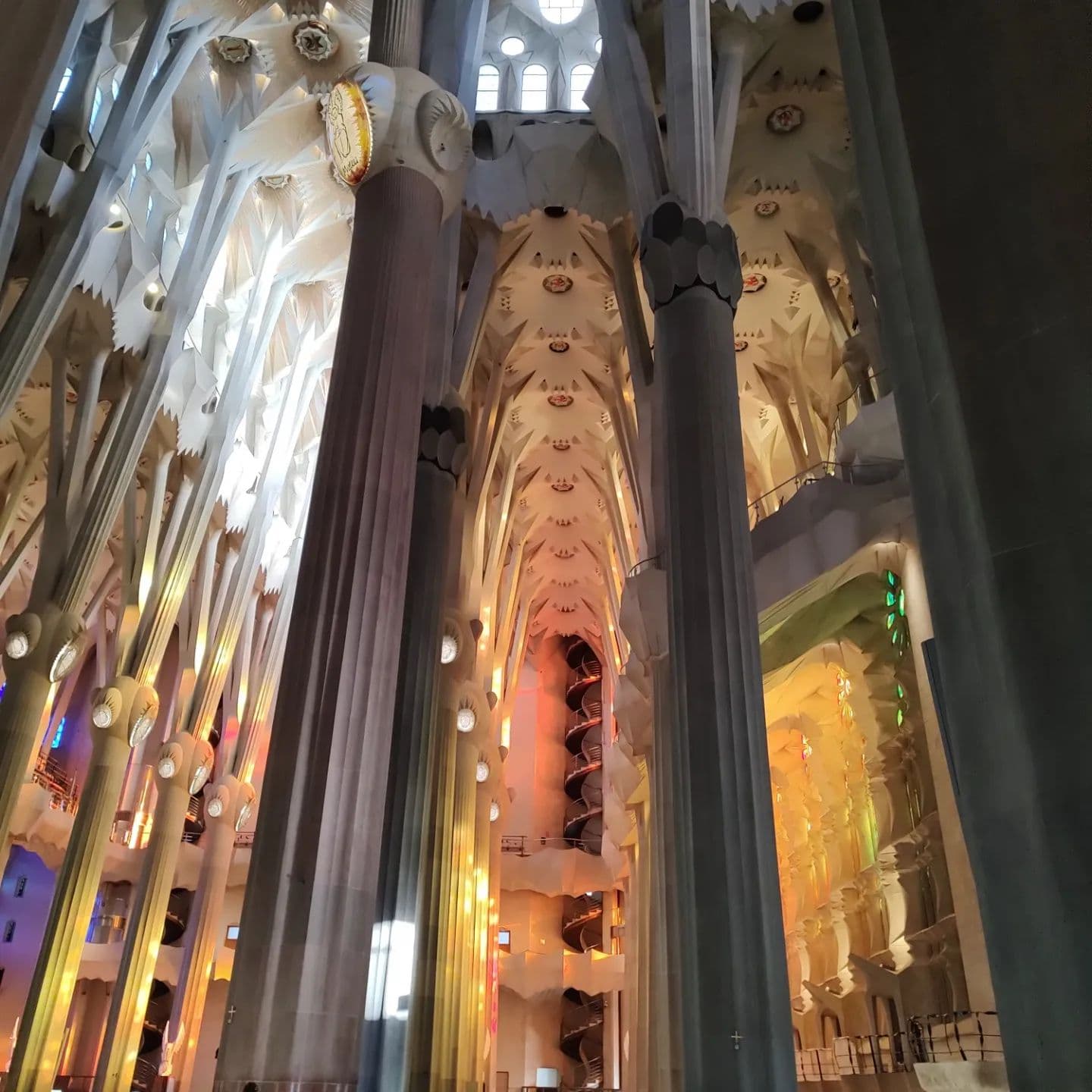 Interior view of the massive halls and columns of La Sagrada Familia cathedral