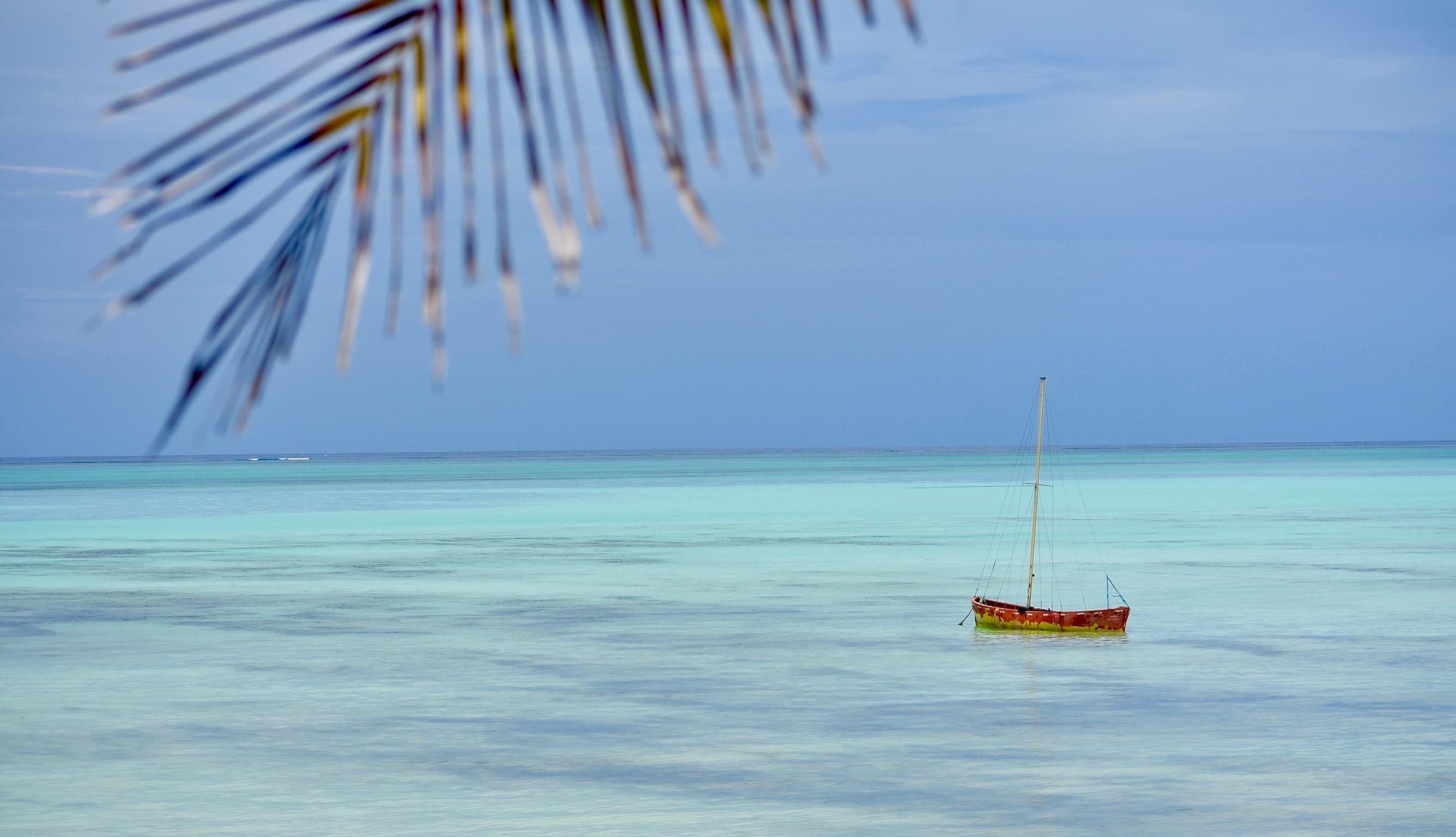 View of a small boat with the sail down floating off shore in clear water