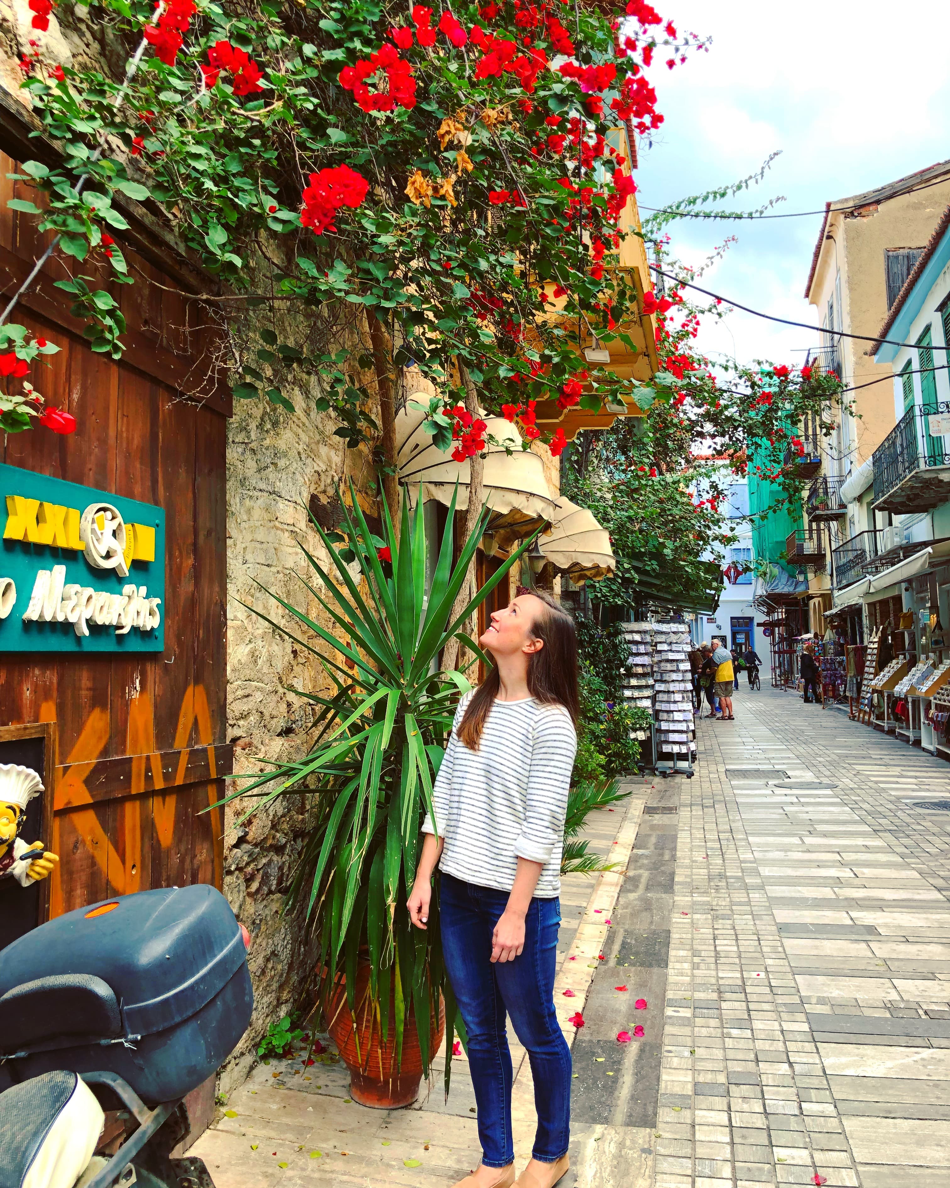 Red flowers down the street.