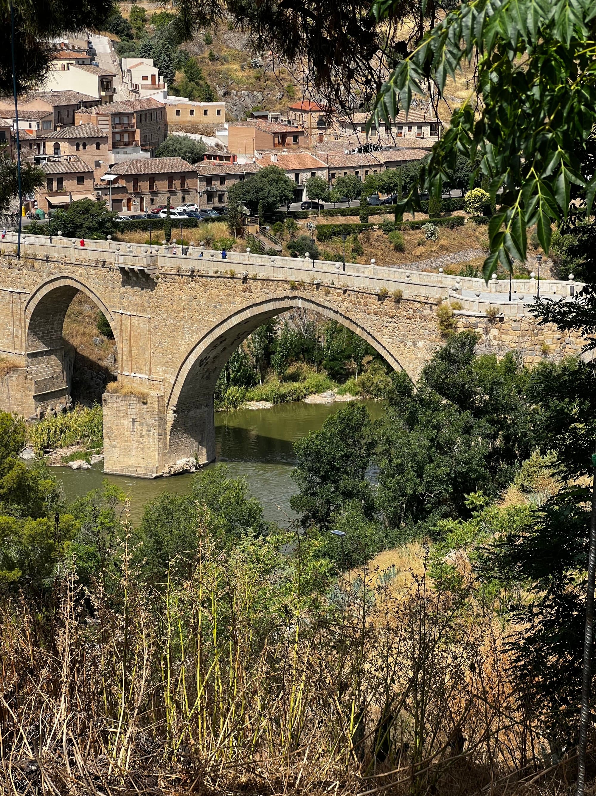 A stone bridge spans a river, surrounded by greenery and buildings in the background.