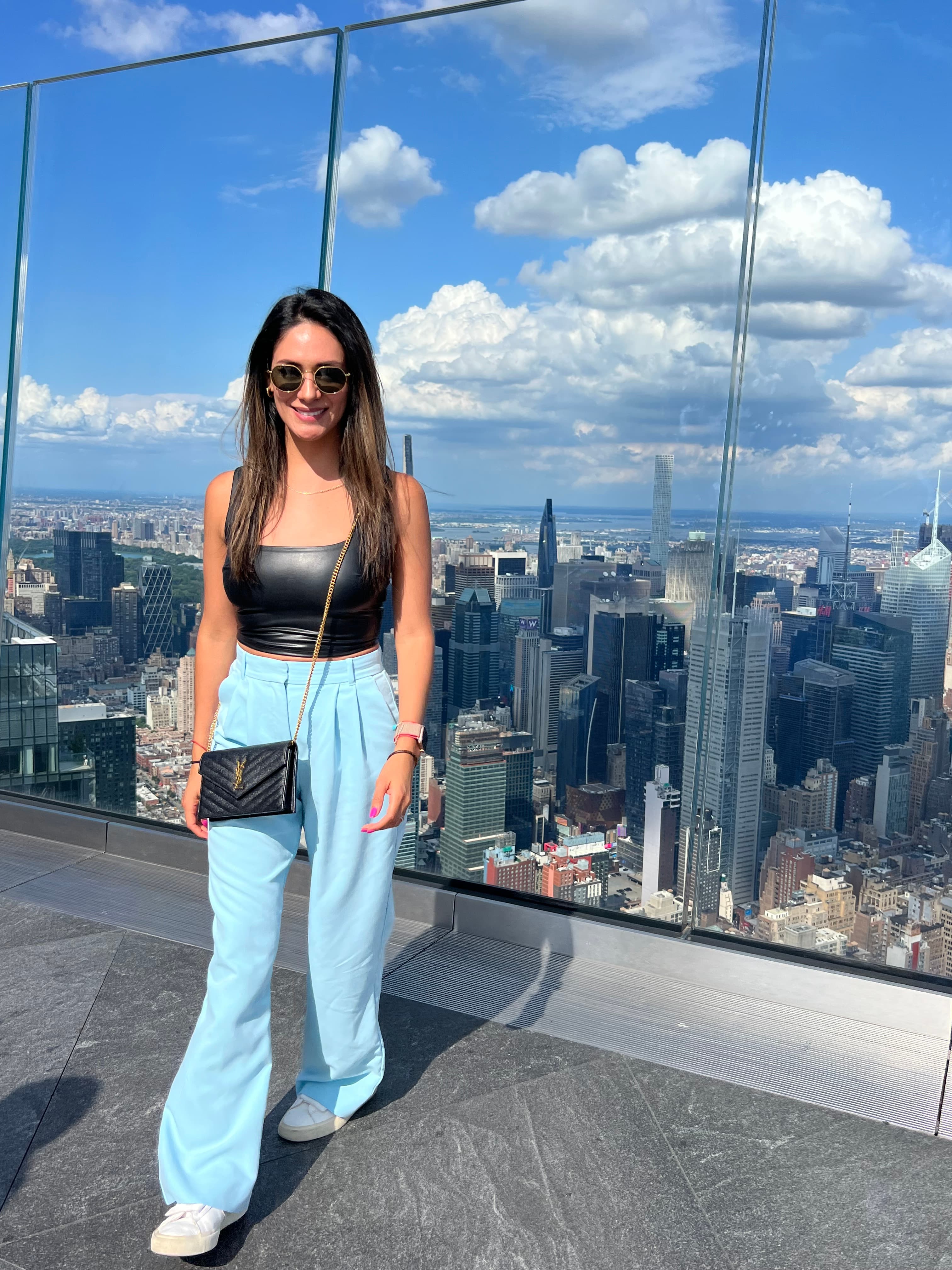 Advisor in blue plants standing within a glass-enclosed rooftop lookout over a city skyline on a sunny day