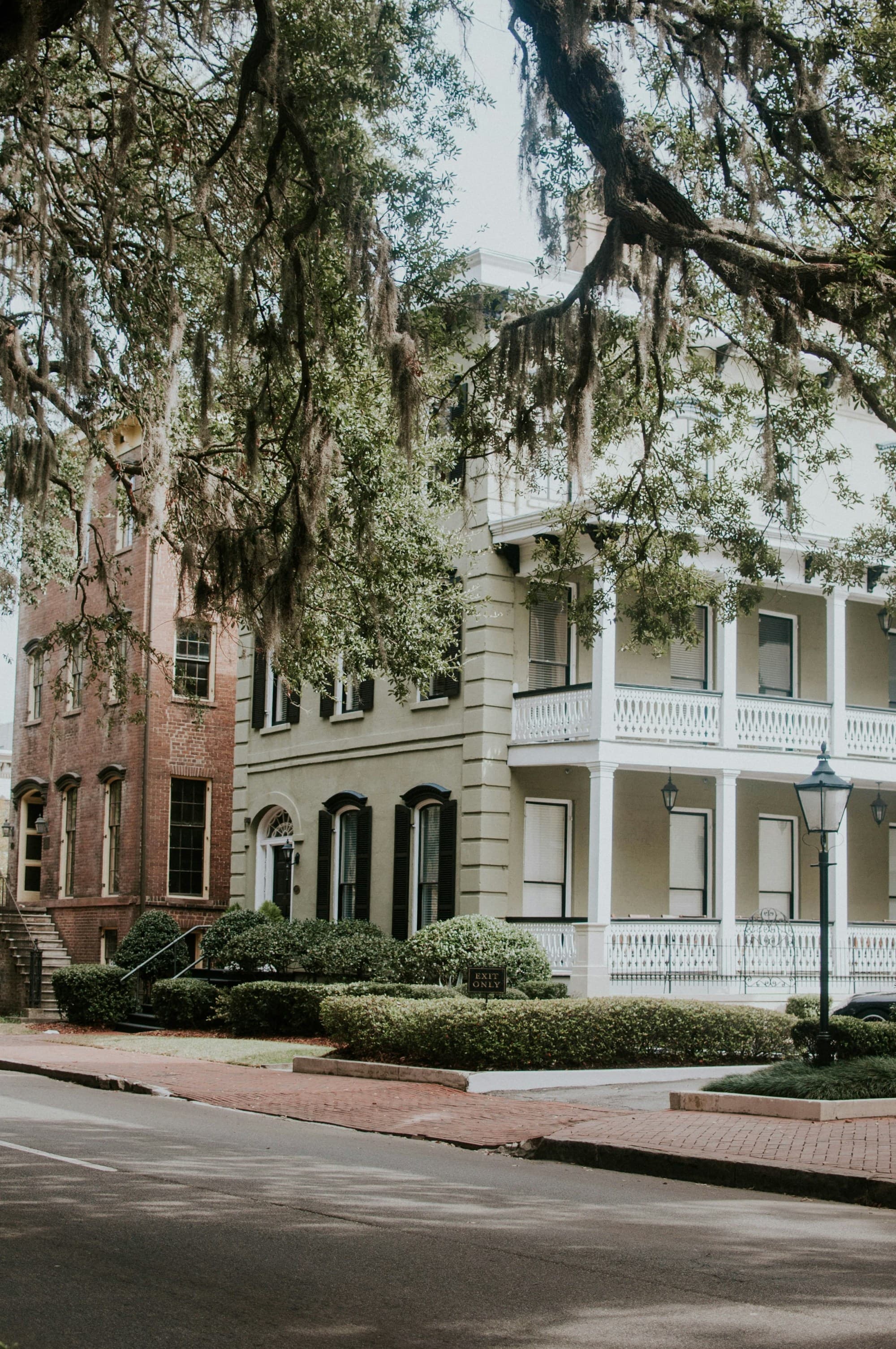 A classical-style building on a street corner with overhanging trees.
