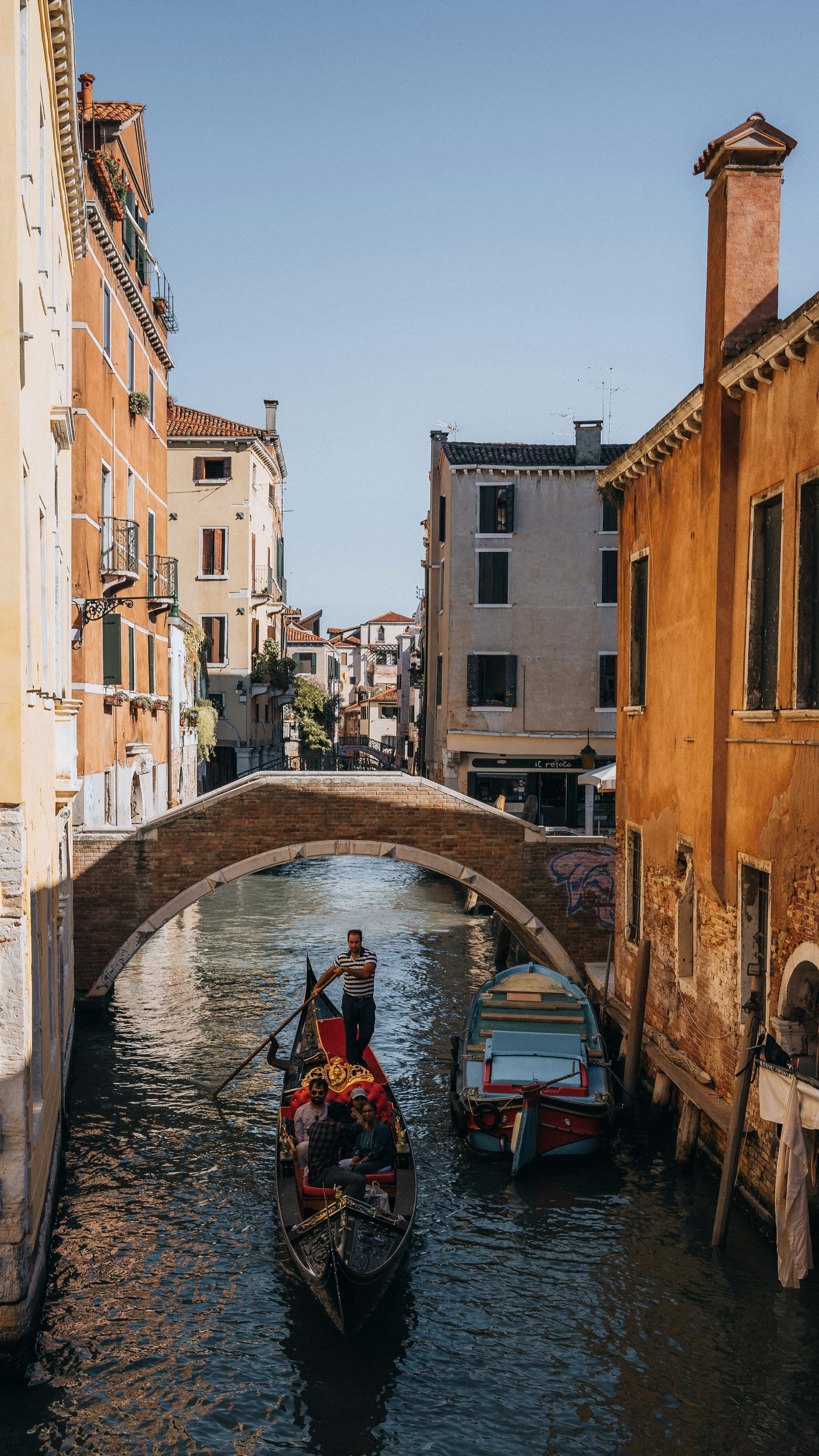 A man riding a gondola at the Venice canal.