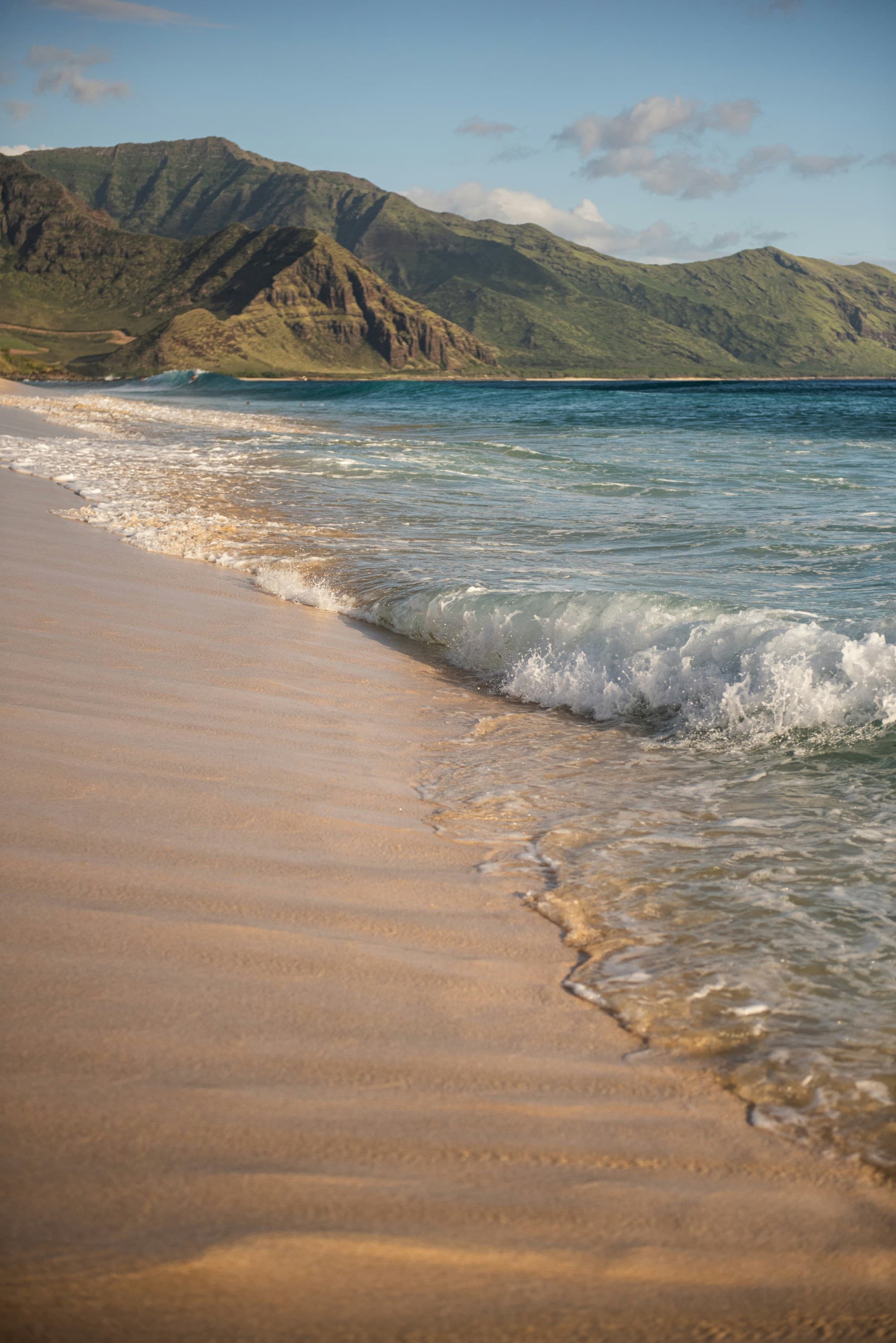 A serene beach with gentle waves, golden sand, and a mountainous backdrop under a clear sky.