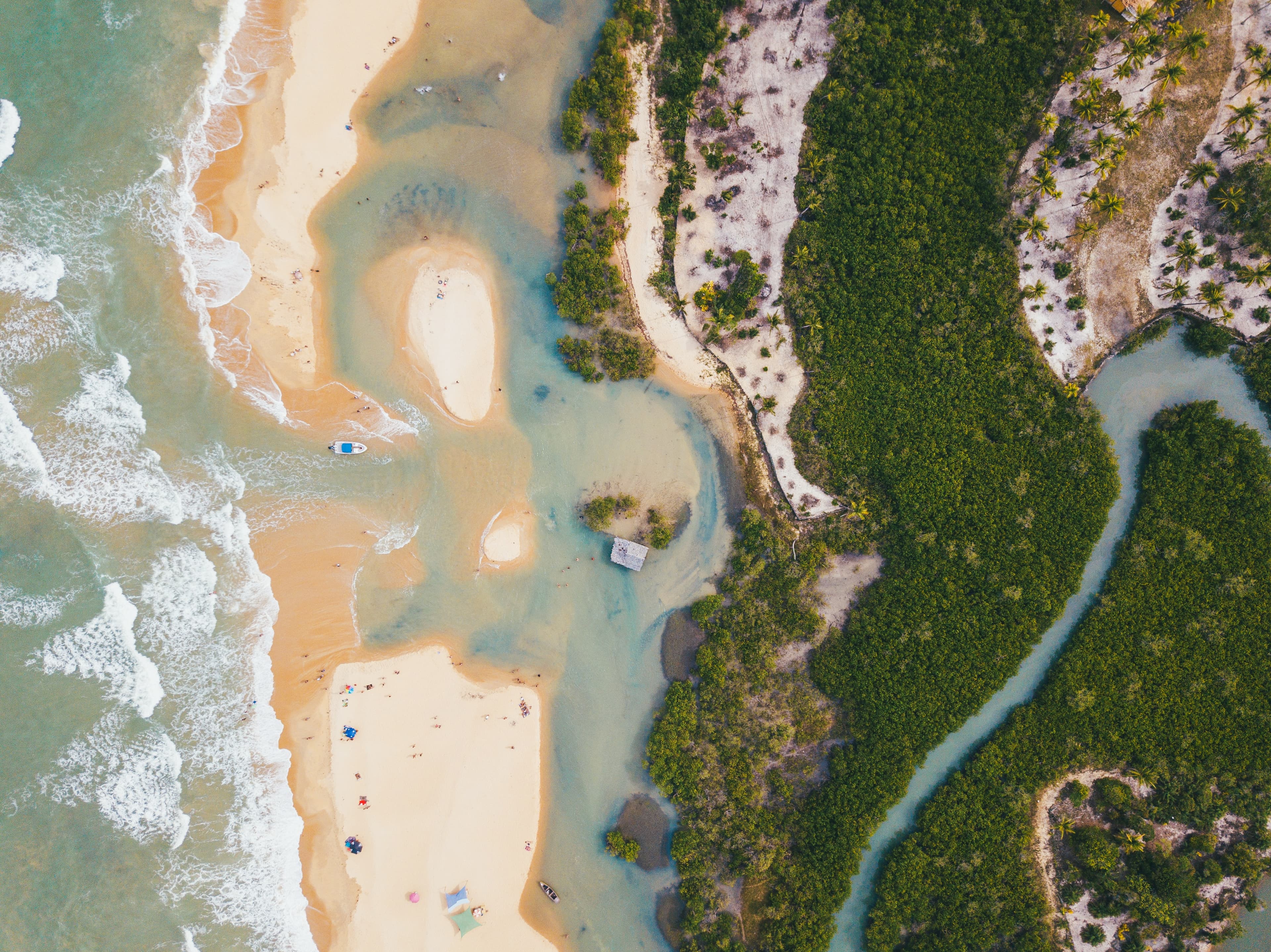 aerial view of sandy beach and shallow waters onto lush green land