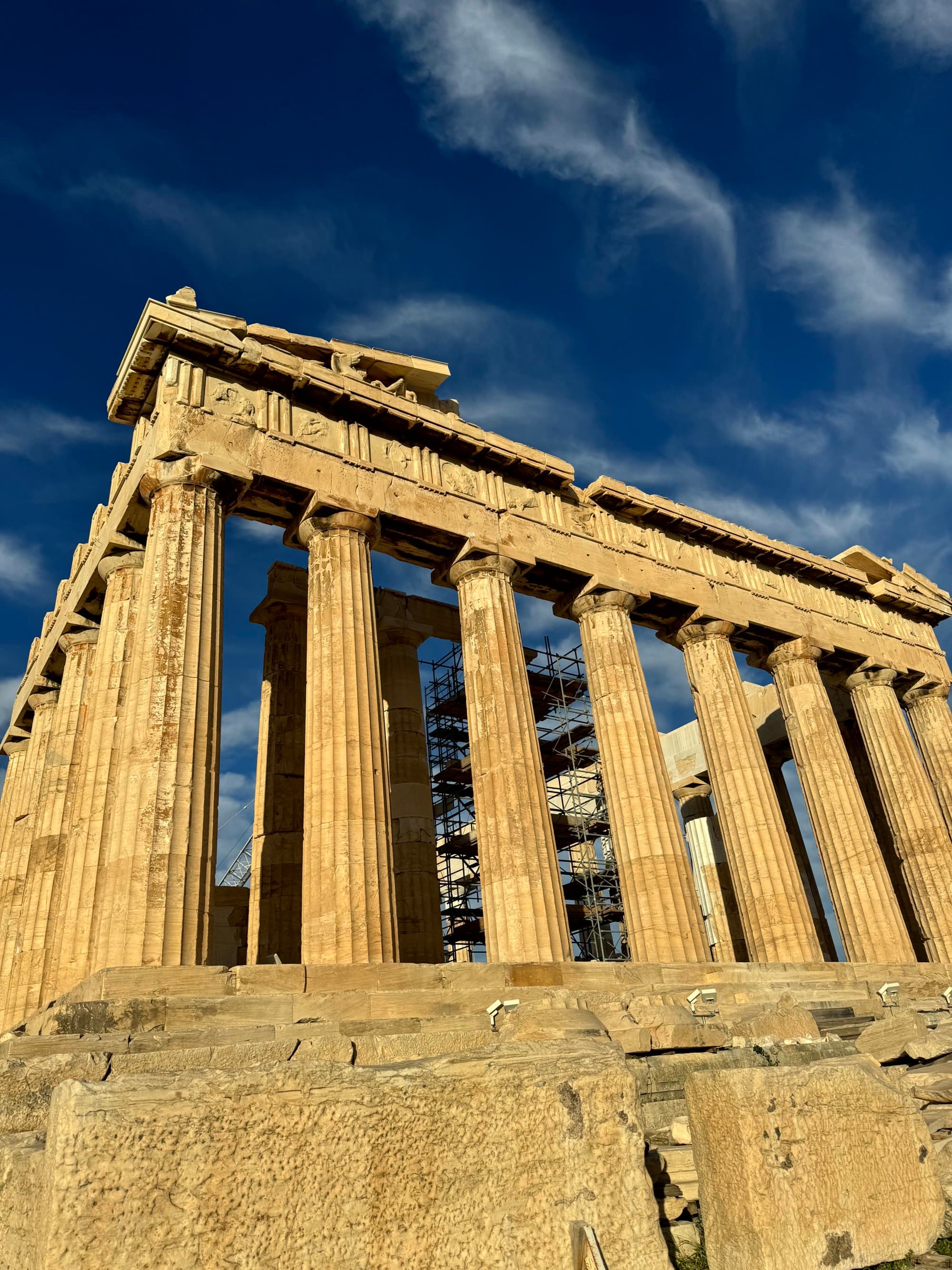 A low angle shot of the ancient pillars in the daytime.