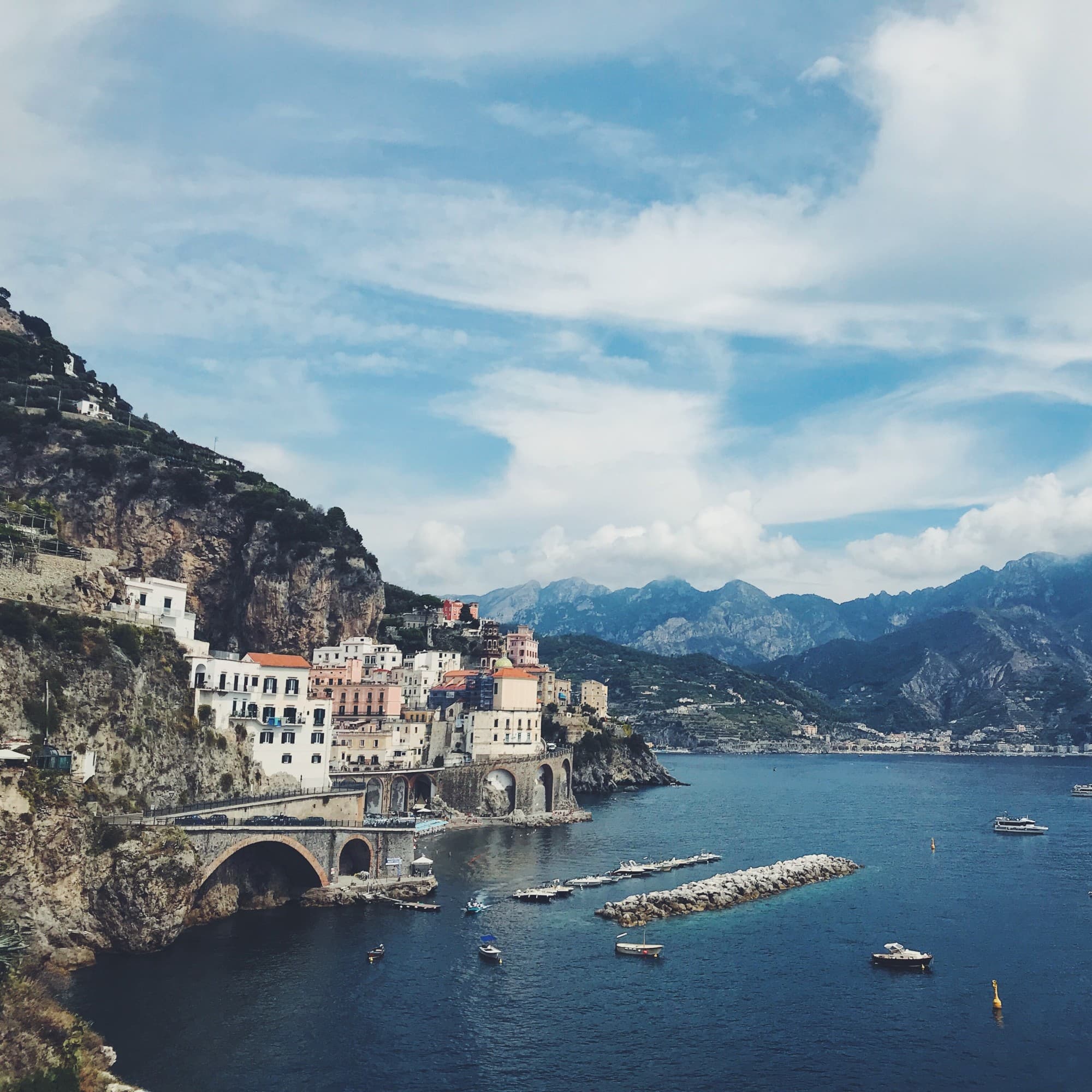 An aerial view of the city of Amalfi Coast during daytime.