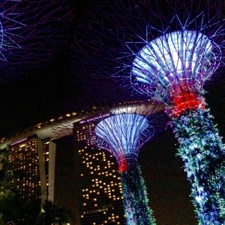 Two blue lighted towers with buildings during night time.