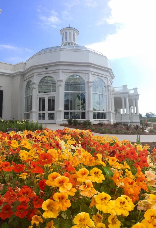 A white building with orange and red flowers in front