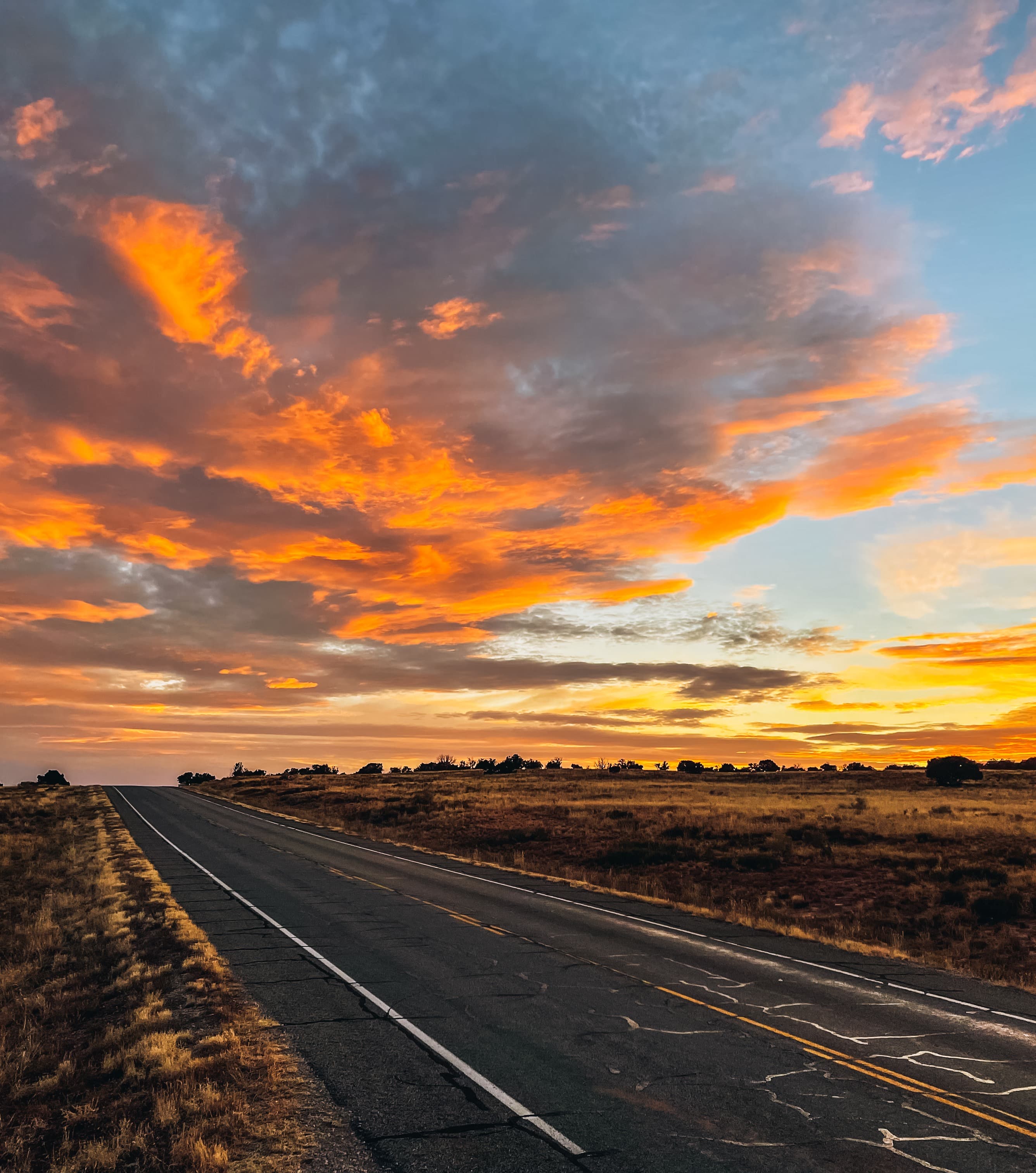 The Utah unset over a beautiful road that leads you long into the distance of a nature surrounded road.