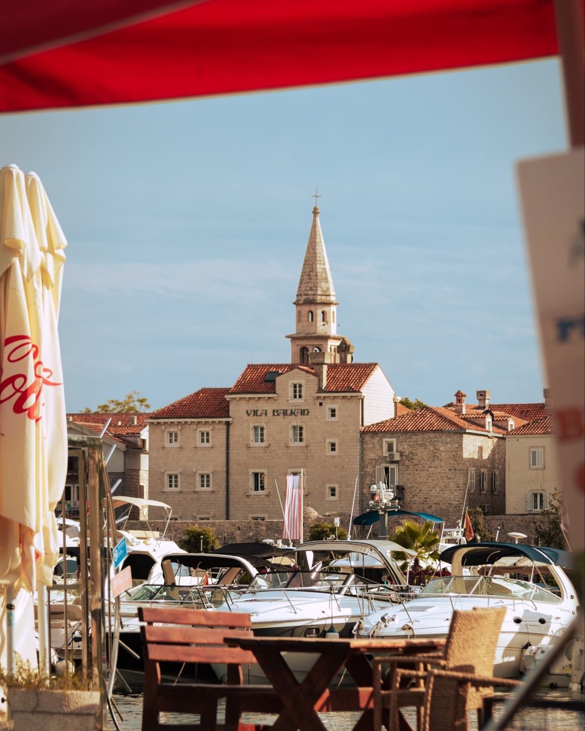 Lunch table setup with a view on a sunny day.