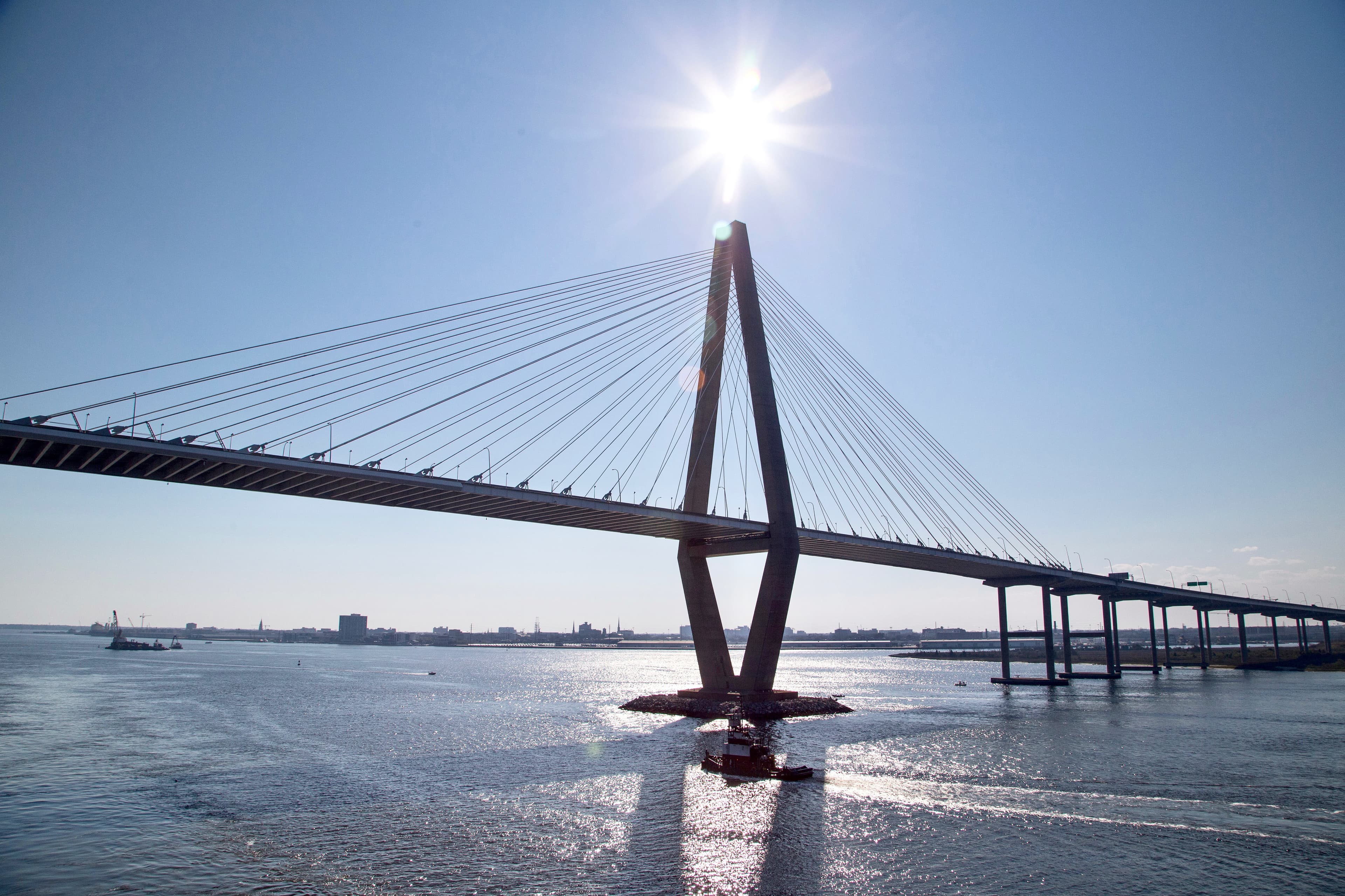 A view of Charleston Harbor and the bridge leading you over the water.