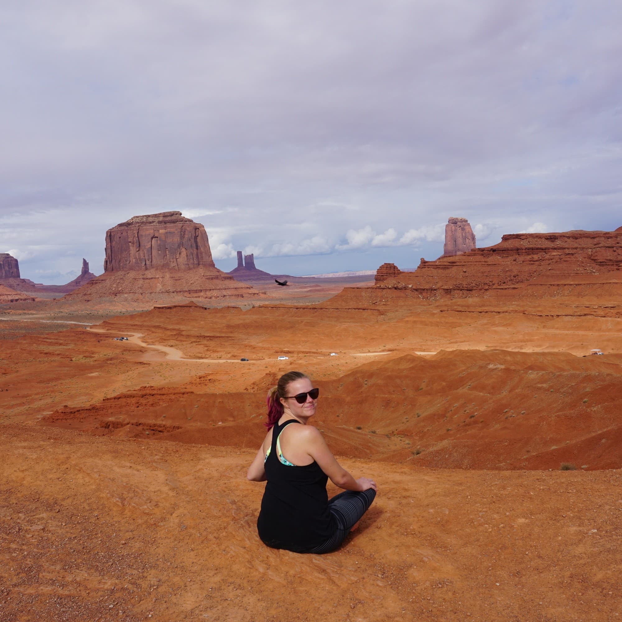 An aerial view of the of the desert with brown mountains and a girl sitting on the ground, looking back.