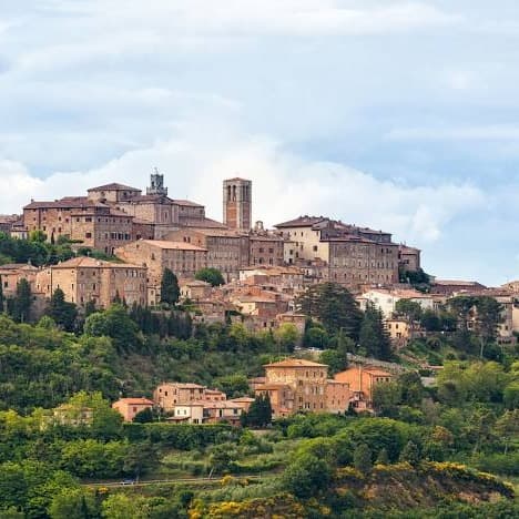 Brown buildings on green hills.