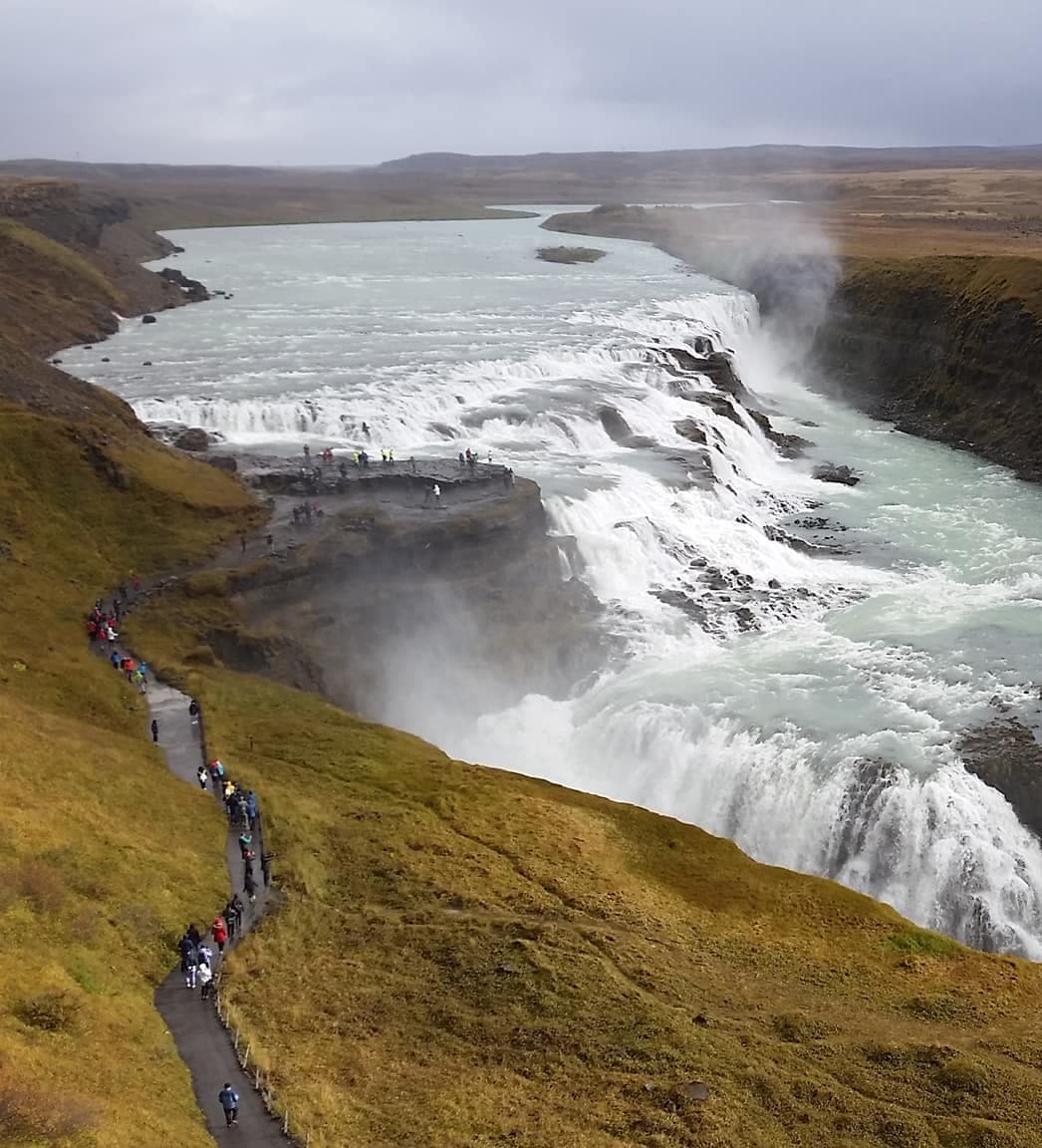An aerial view of a large waterfall