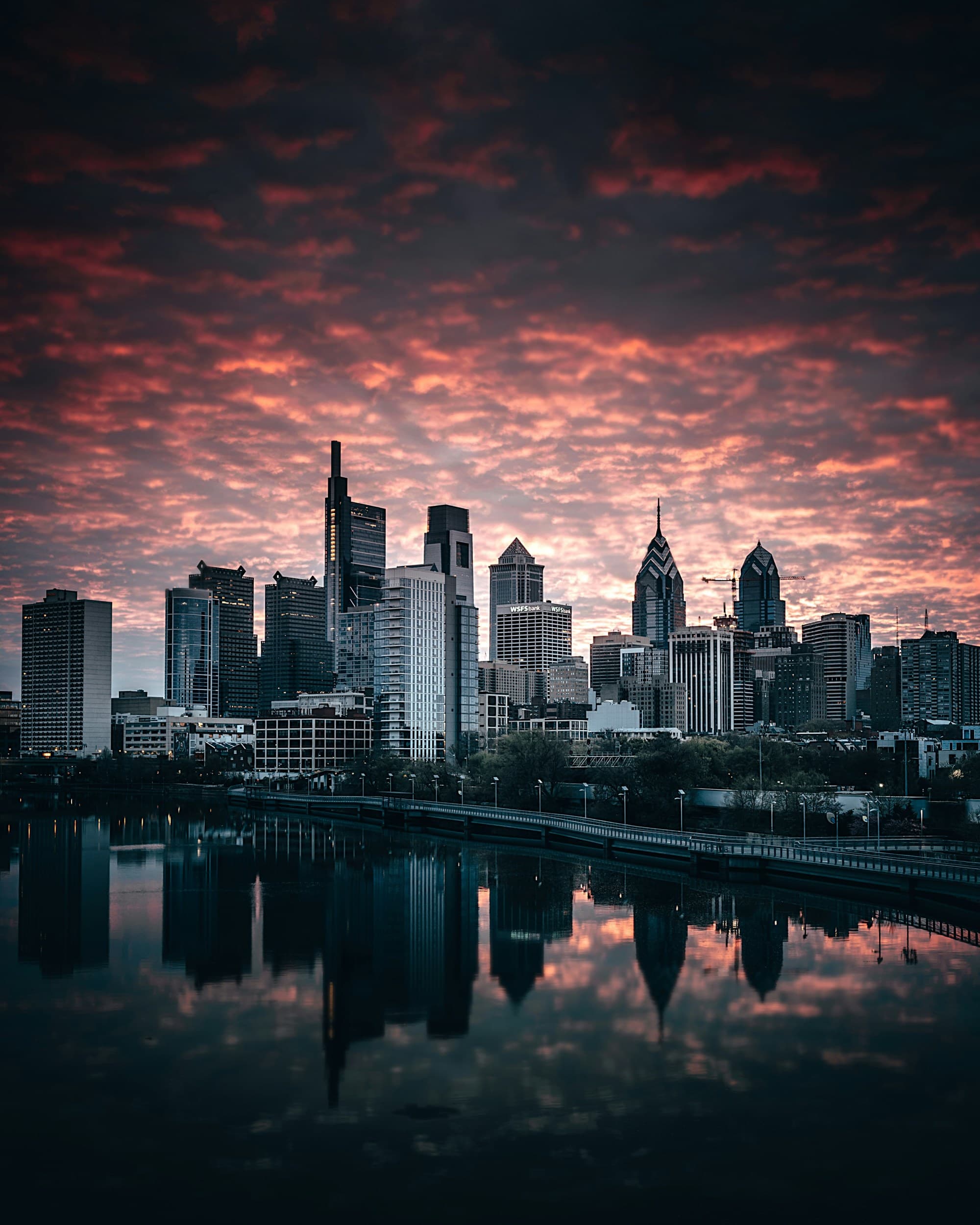 An aerial view of Philadelphia skyline during the sunset.