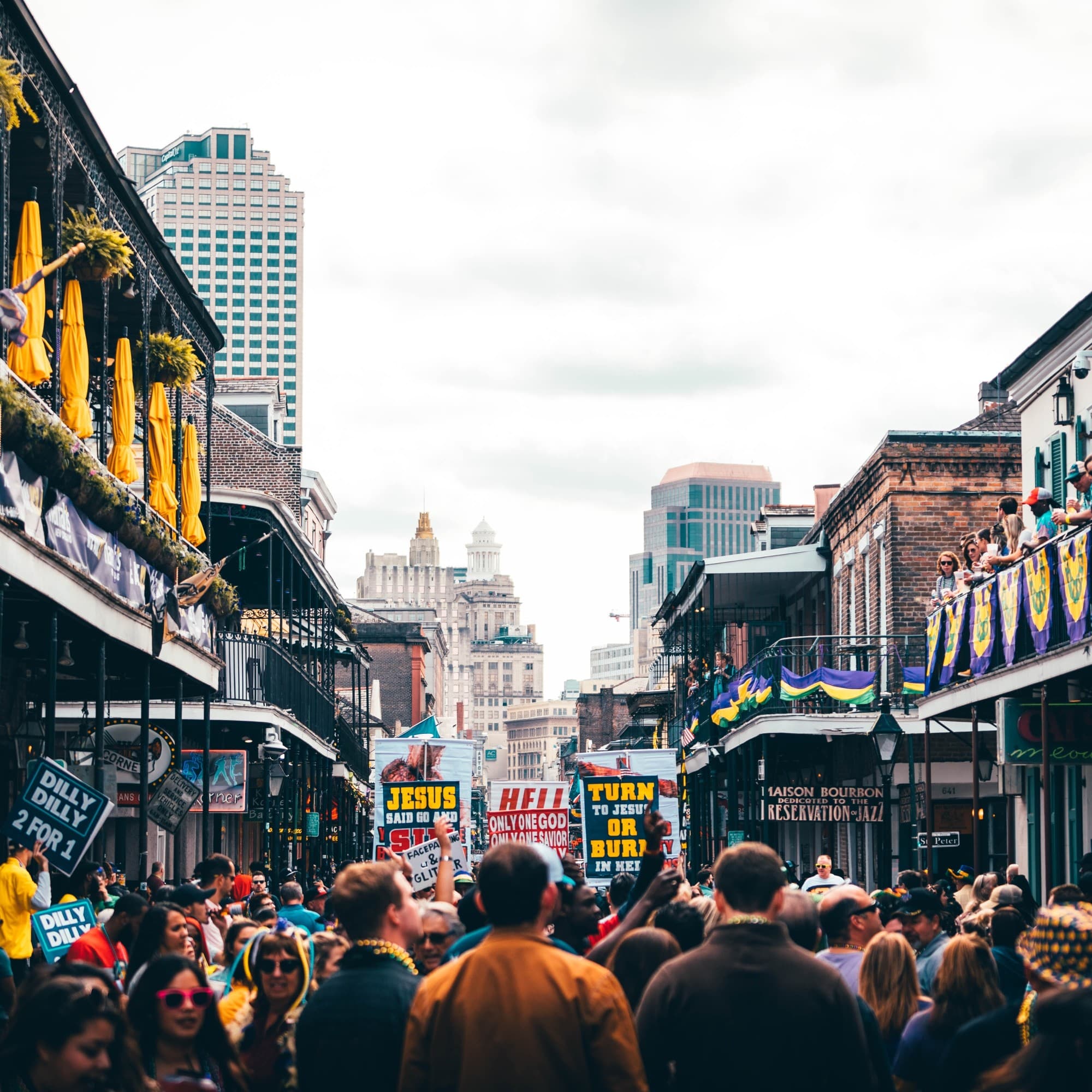 A city street crowded with people.