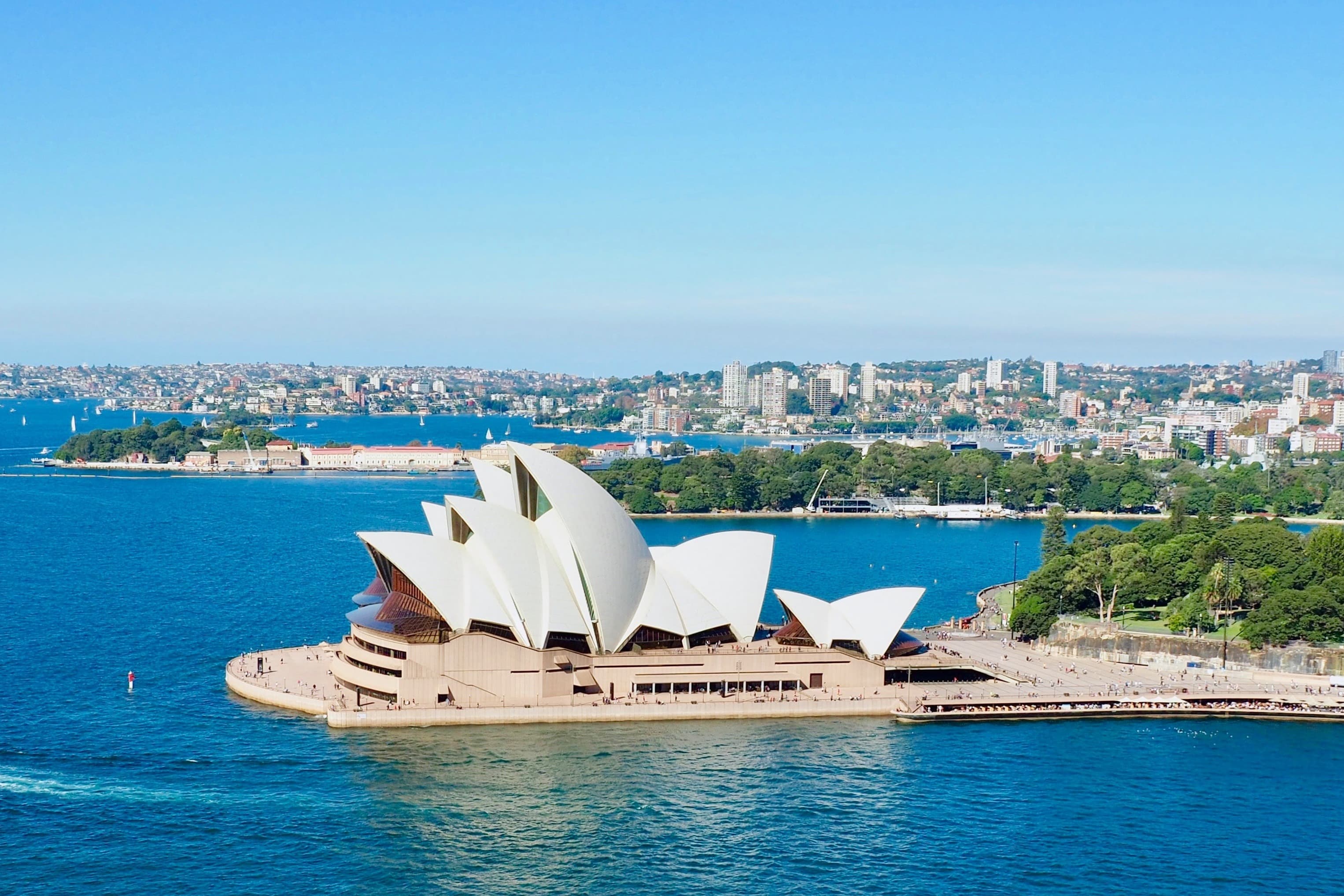 Aerial views of the Sydney Opera House and surrounding region.