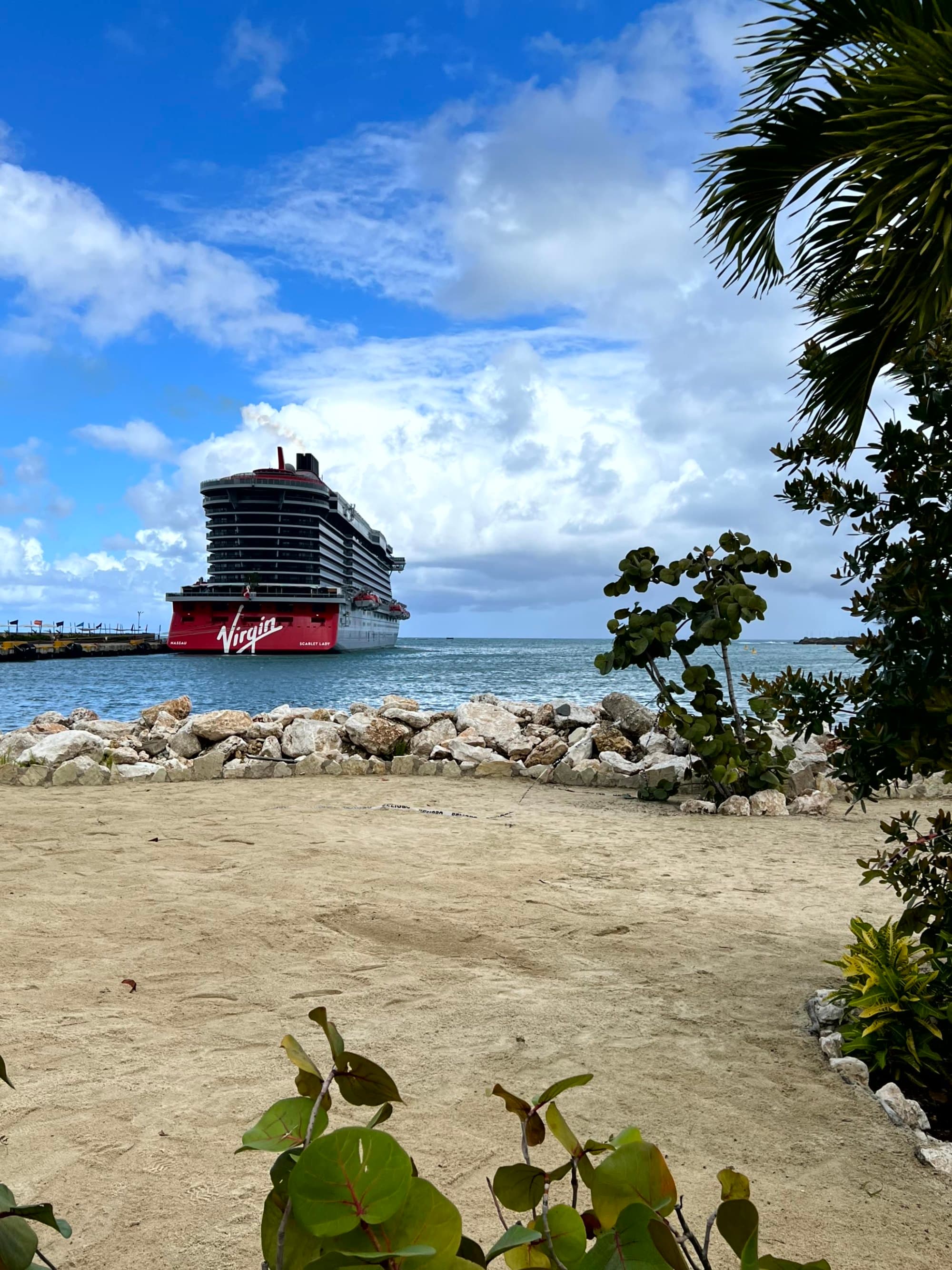 The image shows a large cruise ship docked near a rocky shoreline with tropical vegetation under a partly cloudy sky.