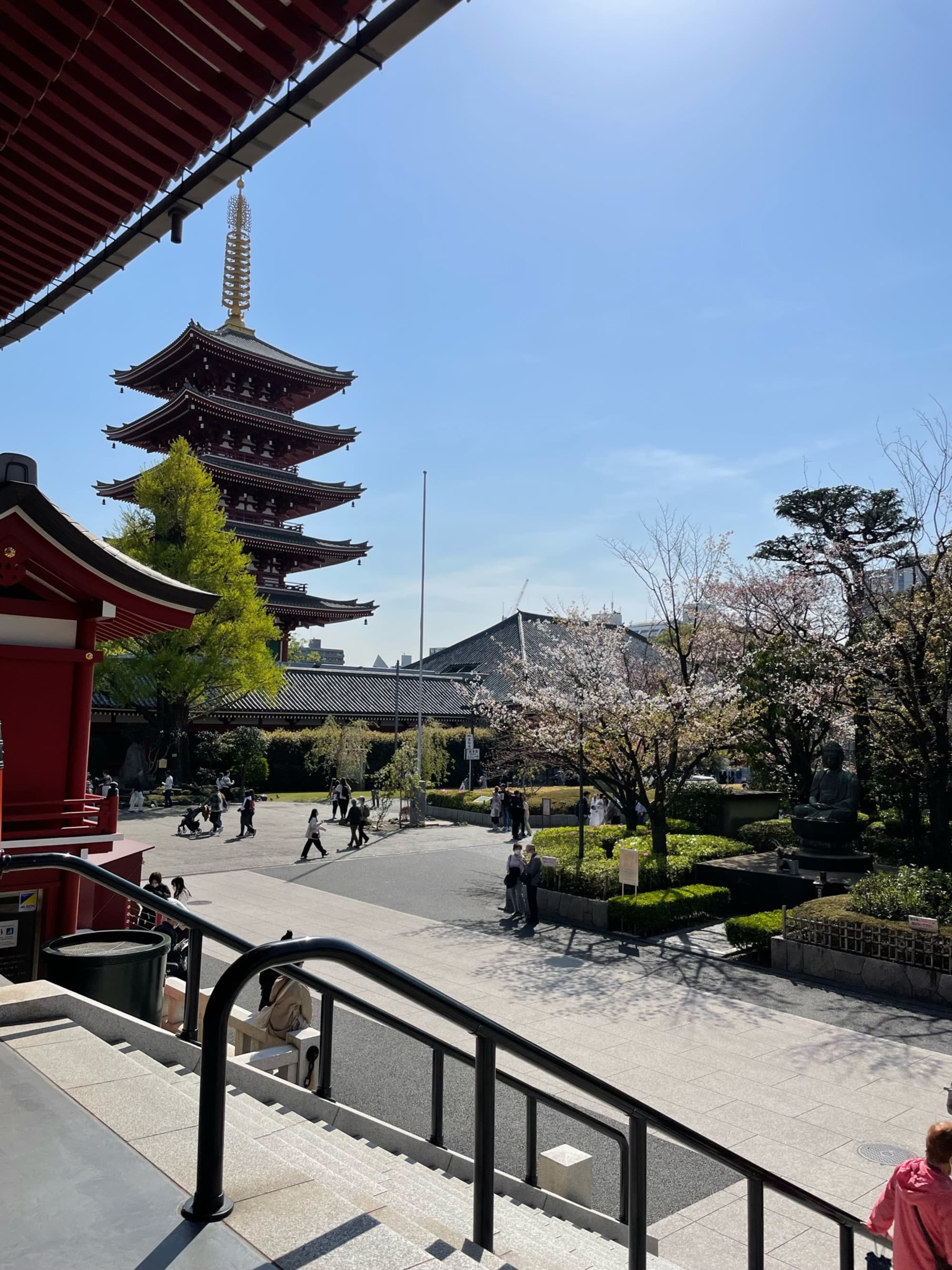 A five-storied pagoda next to a red structure, with people and cherry blossoms under a clear blue sky.