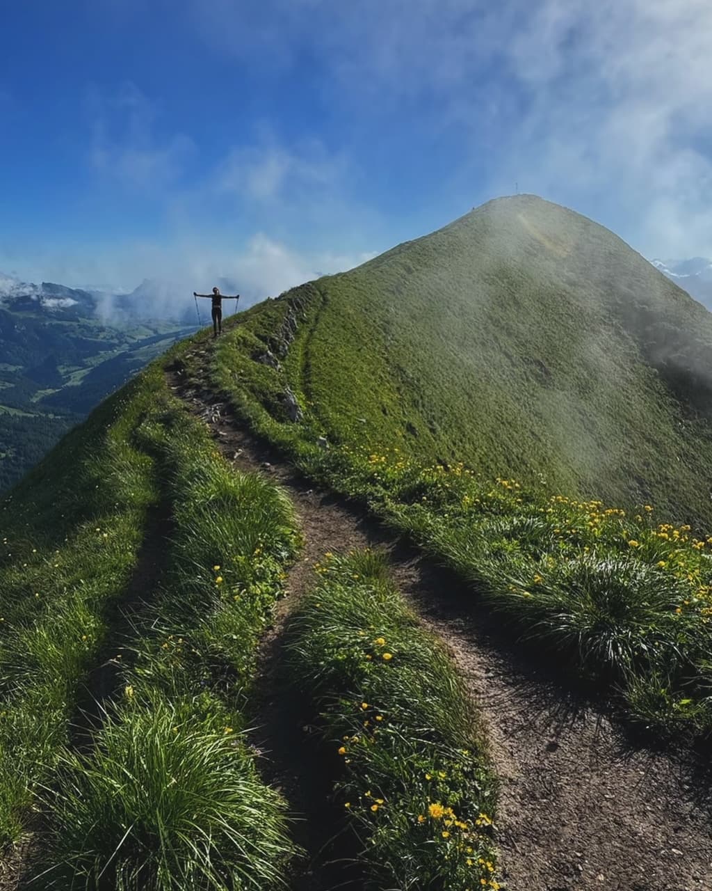 A winding trail on a lush, green mountain top as a hiker extends their arms in the distance on a sunny day.